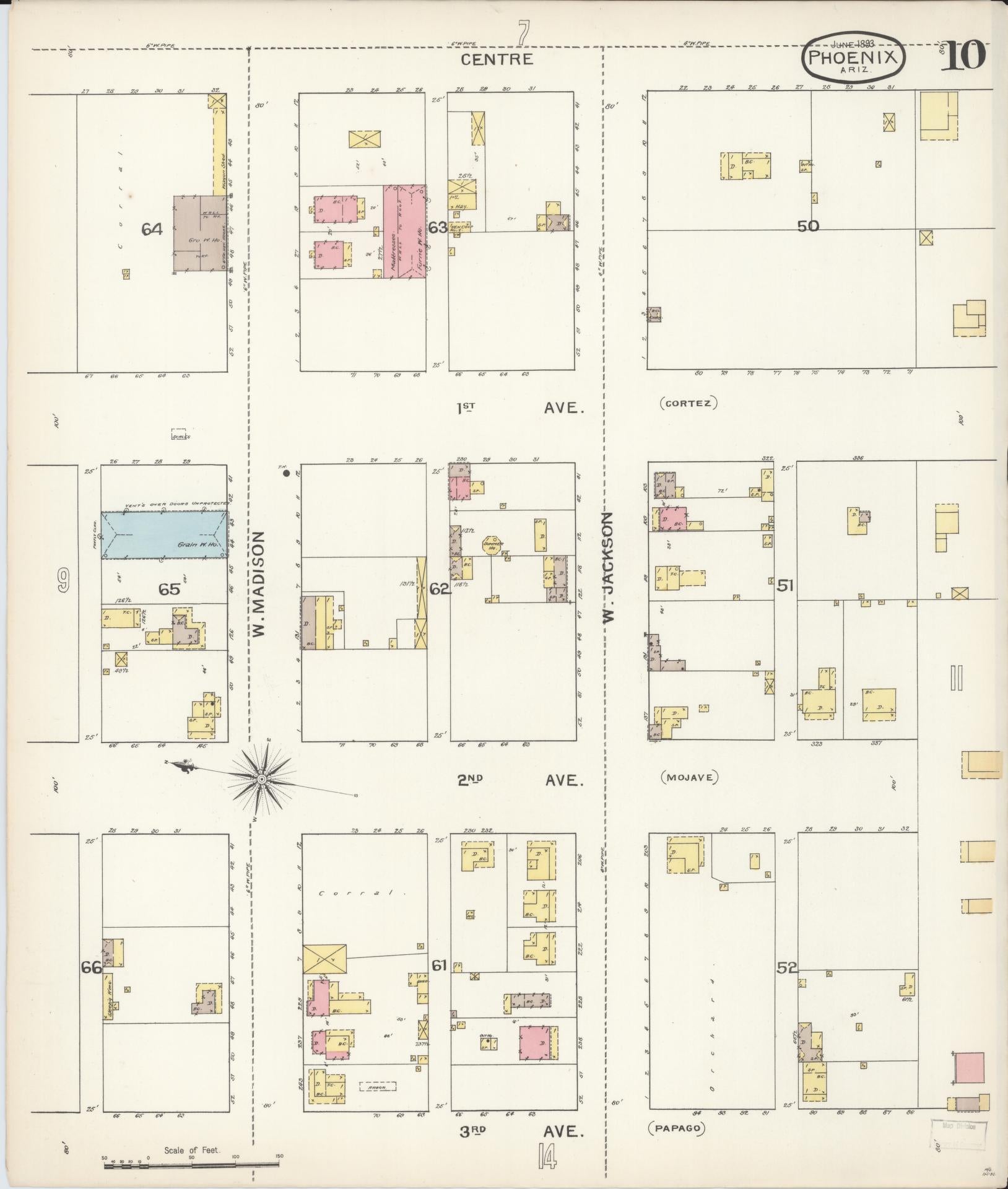 Sanborn Fire Insurance Map from Phoenix, Maricopa County, Arizona (1893), Sheet #0010 - Complete Map Set gallery image, historic Sanborn map, vintage wall art, Arizona Arizona