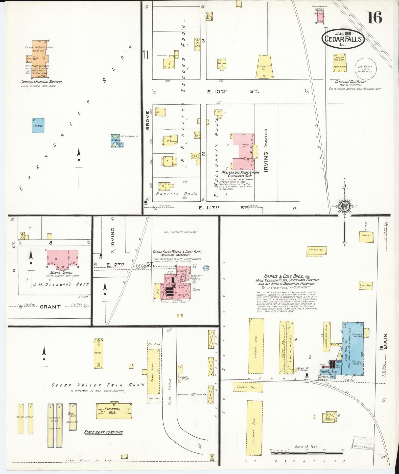 Sanborn Fire Insurance Map from Cedar Falls, Black Hawk County, Iowa (1916), Sheet #0016 - Historic Sanborn Fire Insurance Map Print, vintage old map wall art