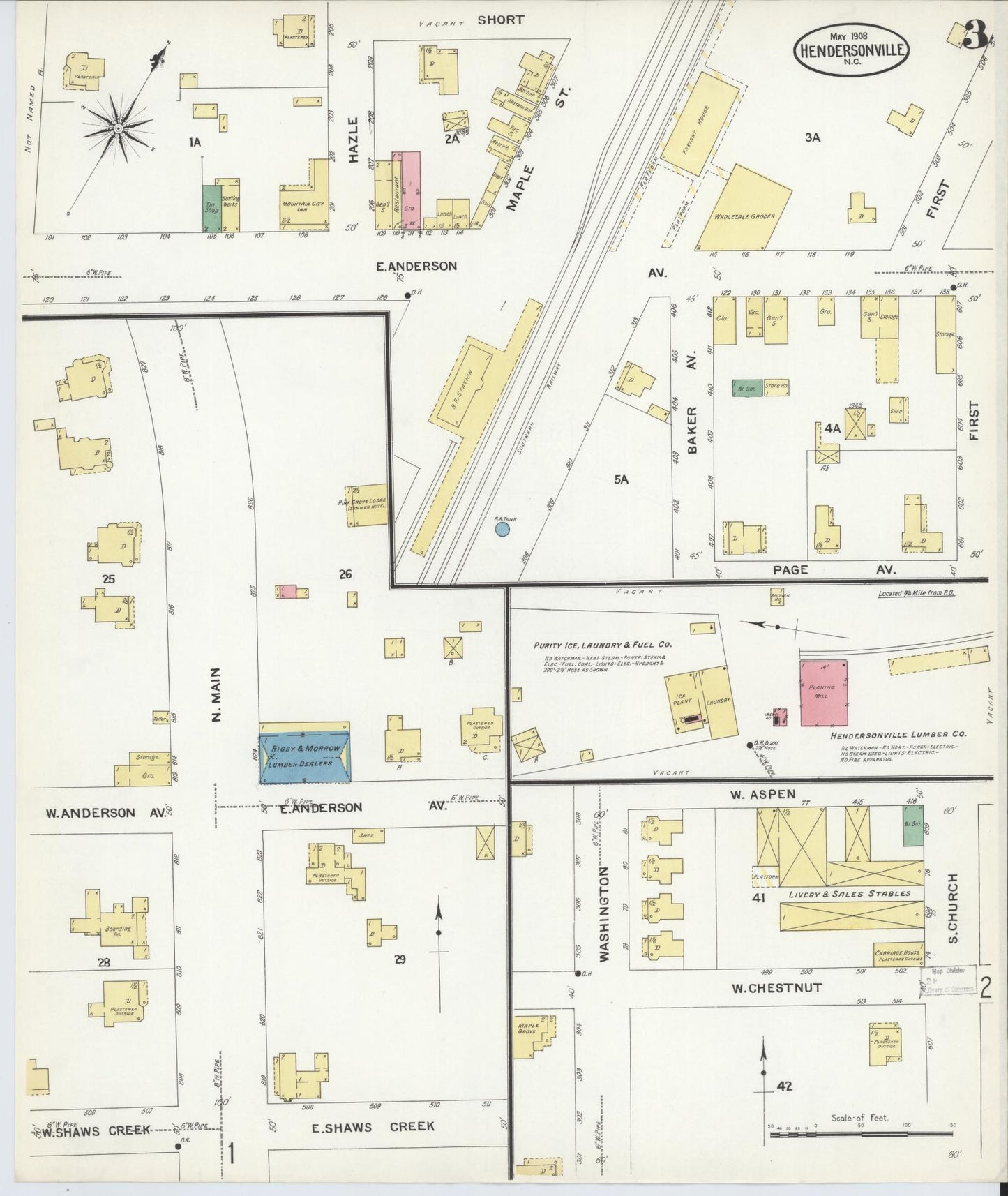 Sanborn Fire Insurance Map from Hendersonville, Henderson County, North Carolina (1908), Sheet #0003 - Complete Map Set gallery image, historic Sanborn map, vintage wall art, North Carolina North Carolina