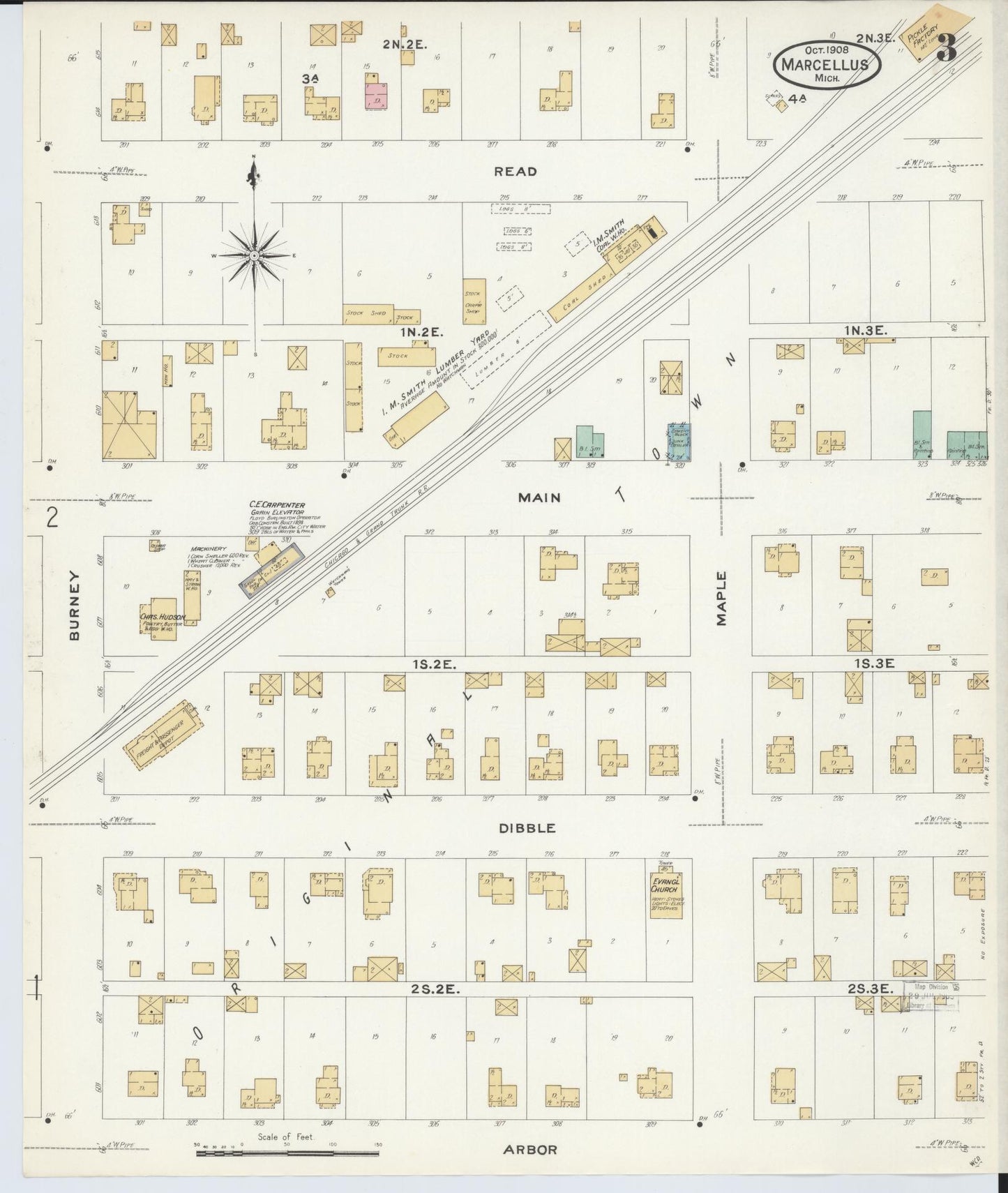 Sanborn Fire Insurance Map from Marcellus, Cass County, Michigan (1908), Sheet #0003 - Complete Map Set gallery image, historic Sanborn map, vintage wall art, Michigan Michigan