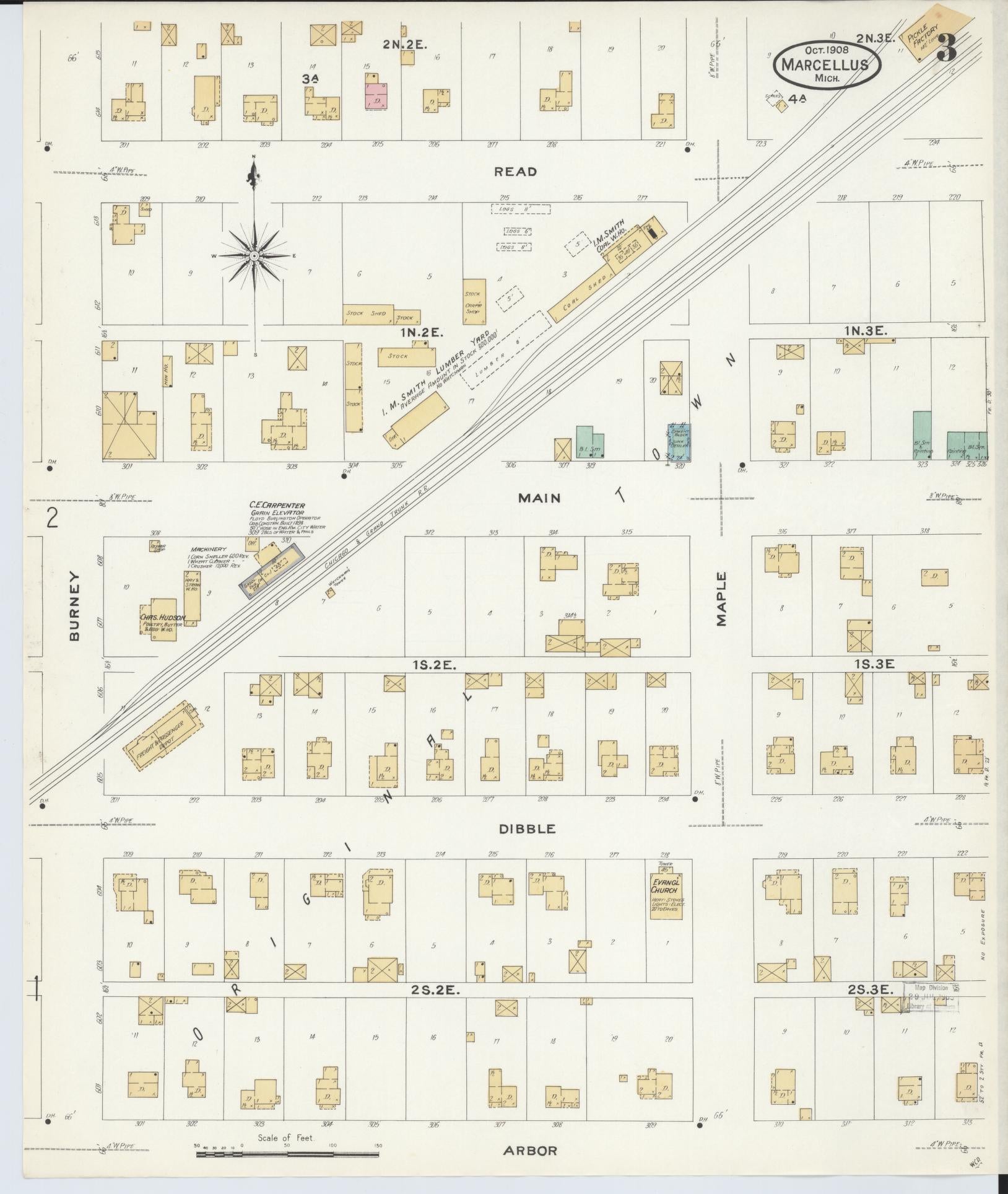 Sanborn Fire Insurance Map from Marcellus, Cass County, Michigan (1908), Sheet #0003 - Complete Map Set gallery image, historic Sanborn map, vintage wall art, Michigan Michigan