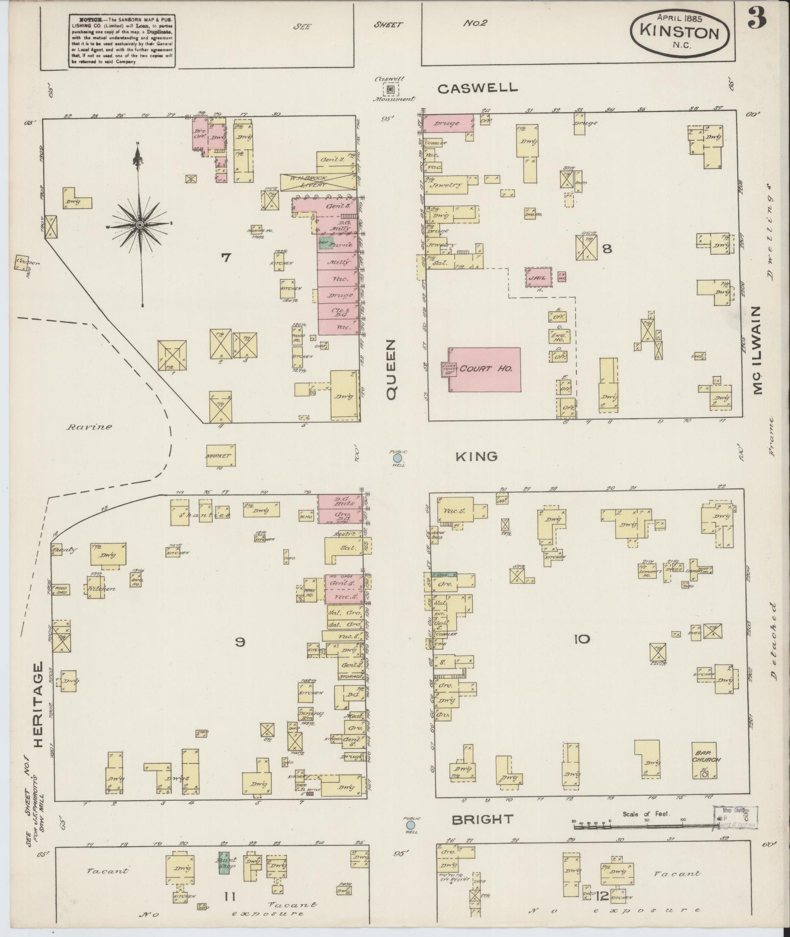 Sanborn Fire Insurance Map from Kinston, Lenoir County, North Carolina (1885), Sheet #0003 - Complete Map Set gallery image, historic Sanborn map, vintage wall art, North Carolina North Carolina