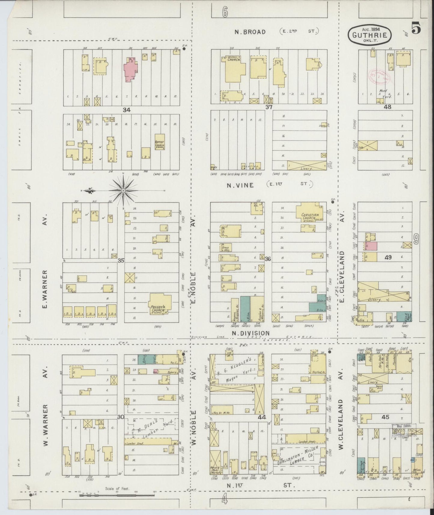 Sanborn Fire Insurance Map from Guthrie, Logan County, Oklahoma (1894), Sheet #0005 - Historic Sanborn Fire Insurance Map Print, vintage old map wall art, antique decor, genealogy gift, Oklahoma Oklahoma map