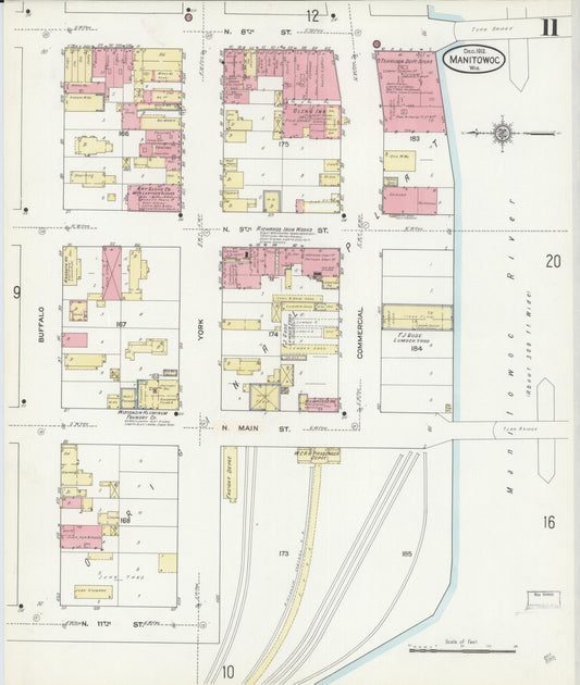 Sanborn Fire Insurance Map from Manitowoc, Manitowoc County, Wisconsin (1912), Sheet #0011 - Historic Sanborn Fire Insurance Map Print, vintage old map wall art, antique decor, genealogy gift, Wisconsin Wisconsin map