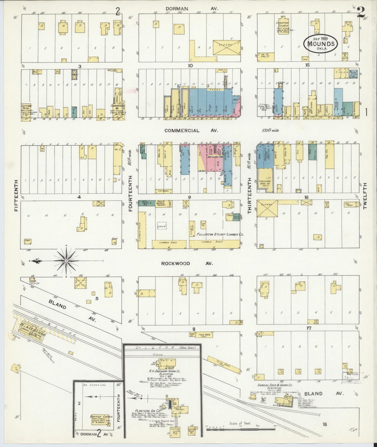 Sanborn Fire Insurance Map from Mounds, Creek County, Oklahoma (1909), Sheet #0002 - Complete Map Set gallery image, historic Sanborn map, vintage wall art, Oklahoma Oklahoma