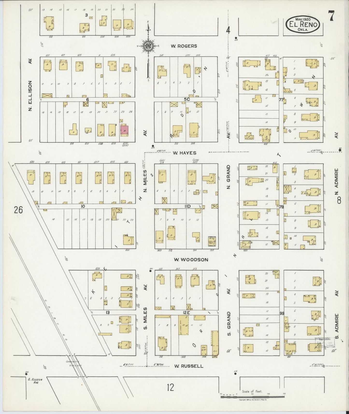 Sanborn Fire Insurance Map from El Reno, Canadian County, Oklahoma (1920), Sheet #0007 - Historic Sanborn Fire Insurance Map Print, vintage old map wall art, antique decor, genealogy gift, Oklahoma Oklahoma map