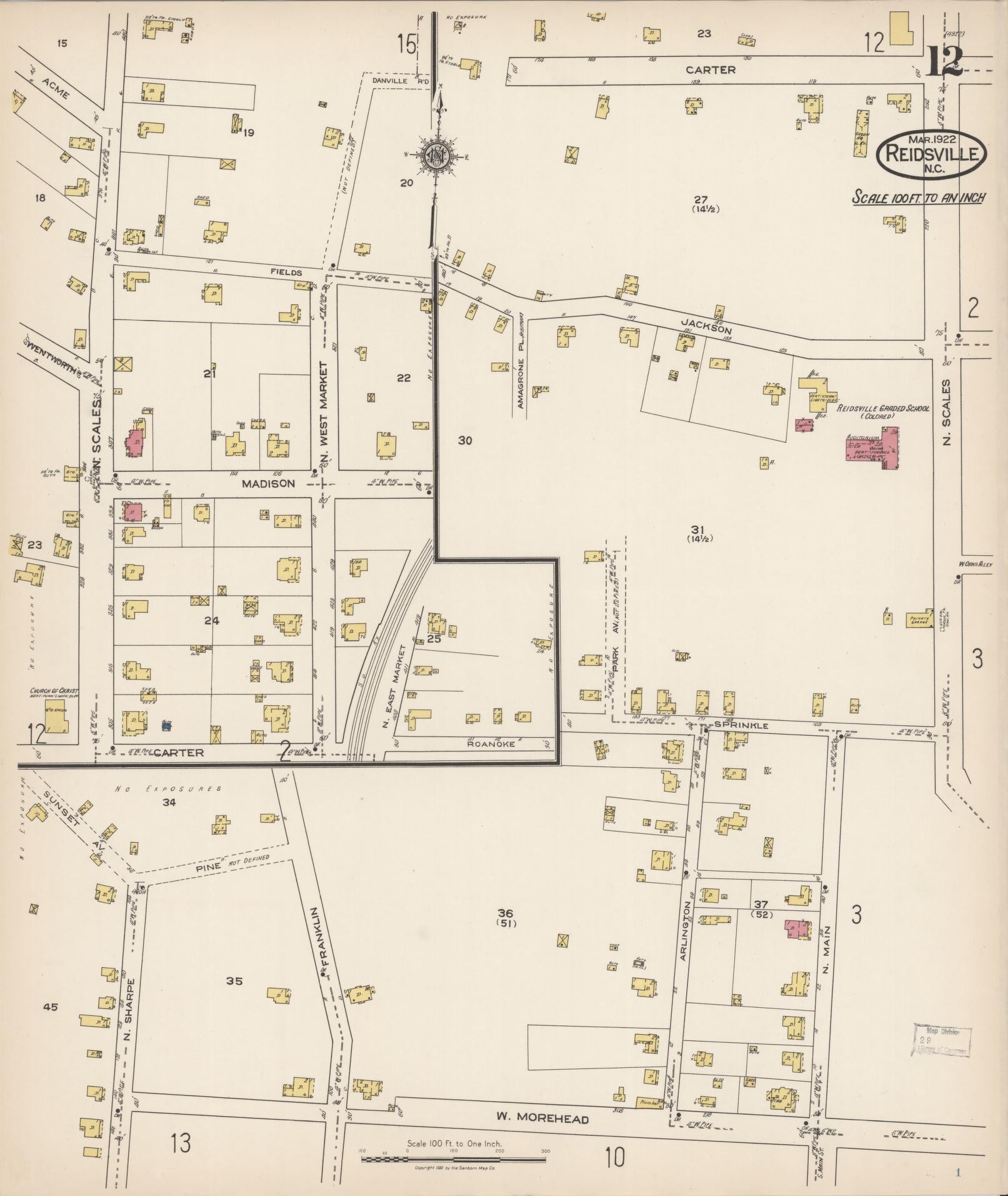 Sanborn Fire Insurance Map from Reidsville, Rockingham County, North Carolina (1922), Sheet #0012 - Historic Sanborn Fire Insurance Map Print, vintage old map wall art, antique decor, genealogy gift, North Carolina North Carolina map