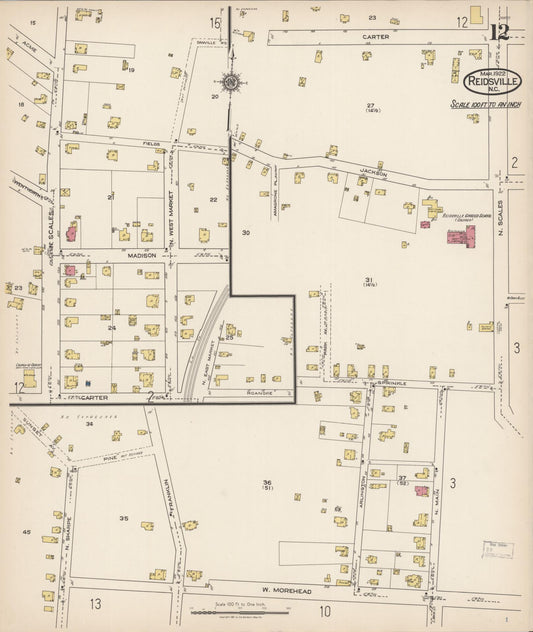 Sanborn Fire Insurance Map from Reidsville, Rockingham County, North Carolina (1922), Sheet #0012 - Historic Sanborn Fire Insurance Map Print, vintage old map wall art, antique decor, genealogy gift, North Carolina North Carolina map