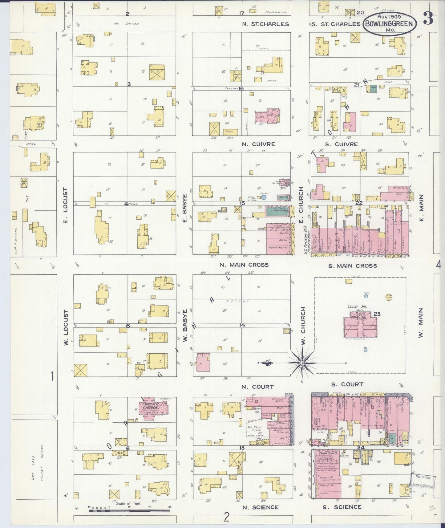 Sanborn Fire Insurance Map from Bowling Green, Pike County, Missouri (1909), Sheet #0003 - Historic Sanborn Fire Insurance Map Print, vintage old map wall art, antique decor, genealogy gift, Missouri Missouri map