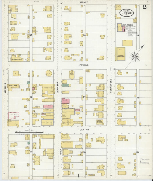 Sanborn Fire Insurance Map from Crewe, Nottoway County, Virginia (1904), Sheet #0002 - Historic Sanborn Fire Insurance Map Print, vintage old map wall art, antique decor, genealogy gift, Virginia Virginia map