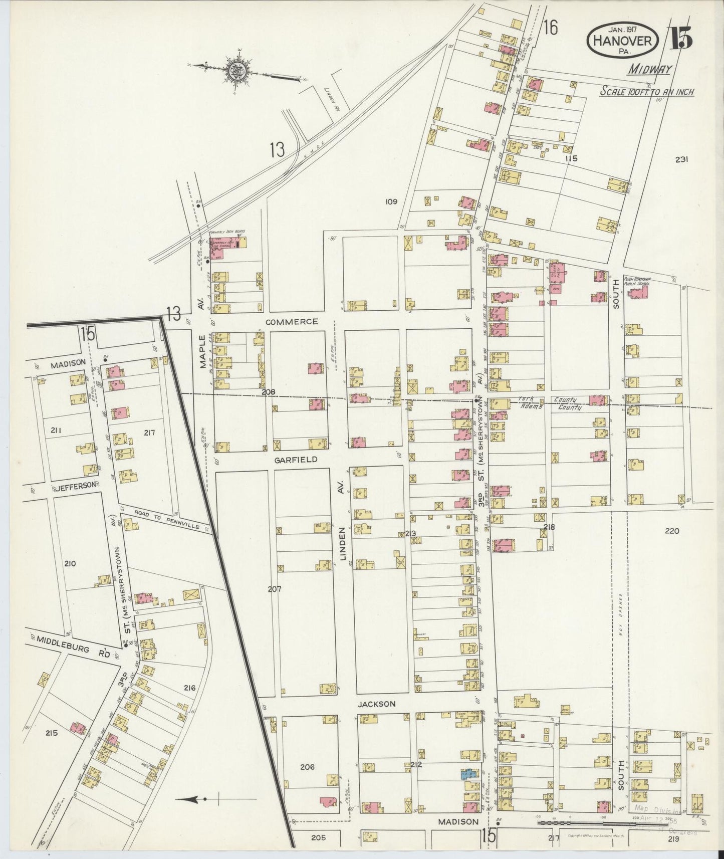 Sanborn Fire Insurance Map from Hanover, York County, Pennsylvania (1917), Sheet #0015 - Historic Sanborn Fire Insurance Map Print, vintage old map wall art, antique decor, genealogy gift, Pennsylvania Pennsylvania map