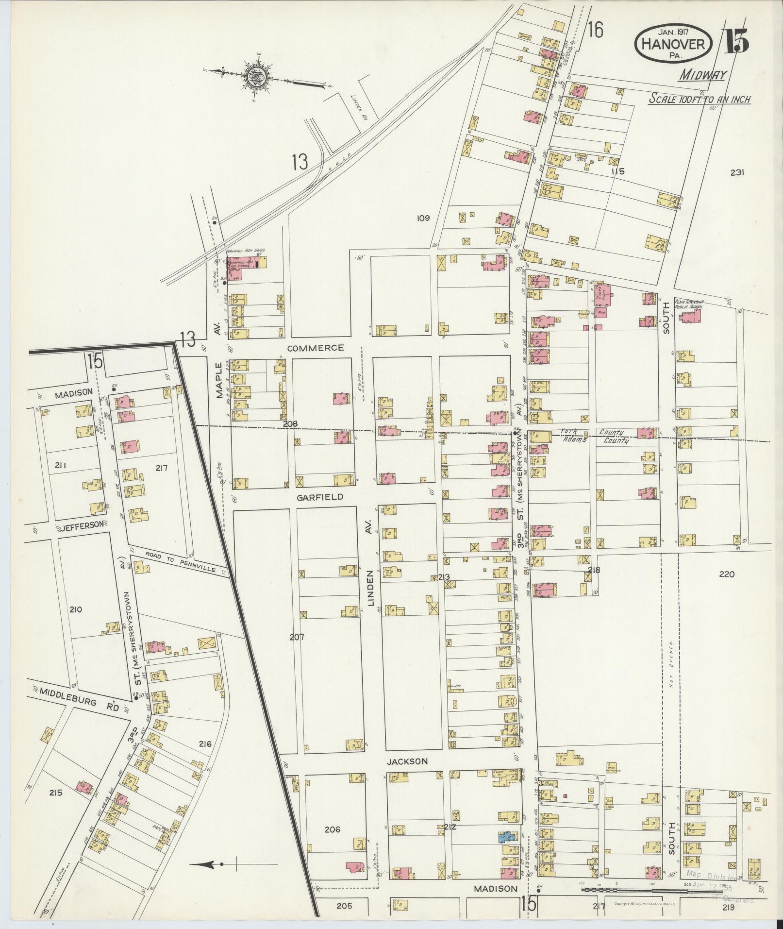 Sanborn Fire Insurance Map from Hanover, York County, Pennsylvania (1917), Sheet #0015 - Historic Sanborn Fire Insurance Map Print, vintage old map wall art, antique decor, genealogy gift, Pennsylvania Pennsylvania map
