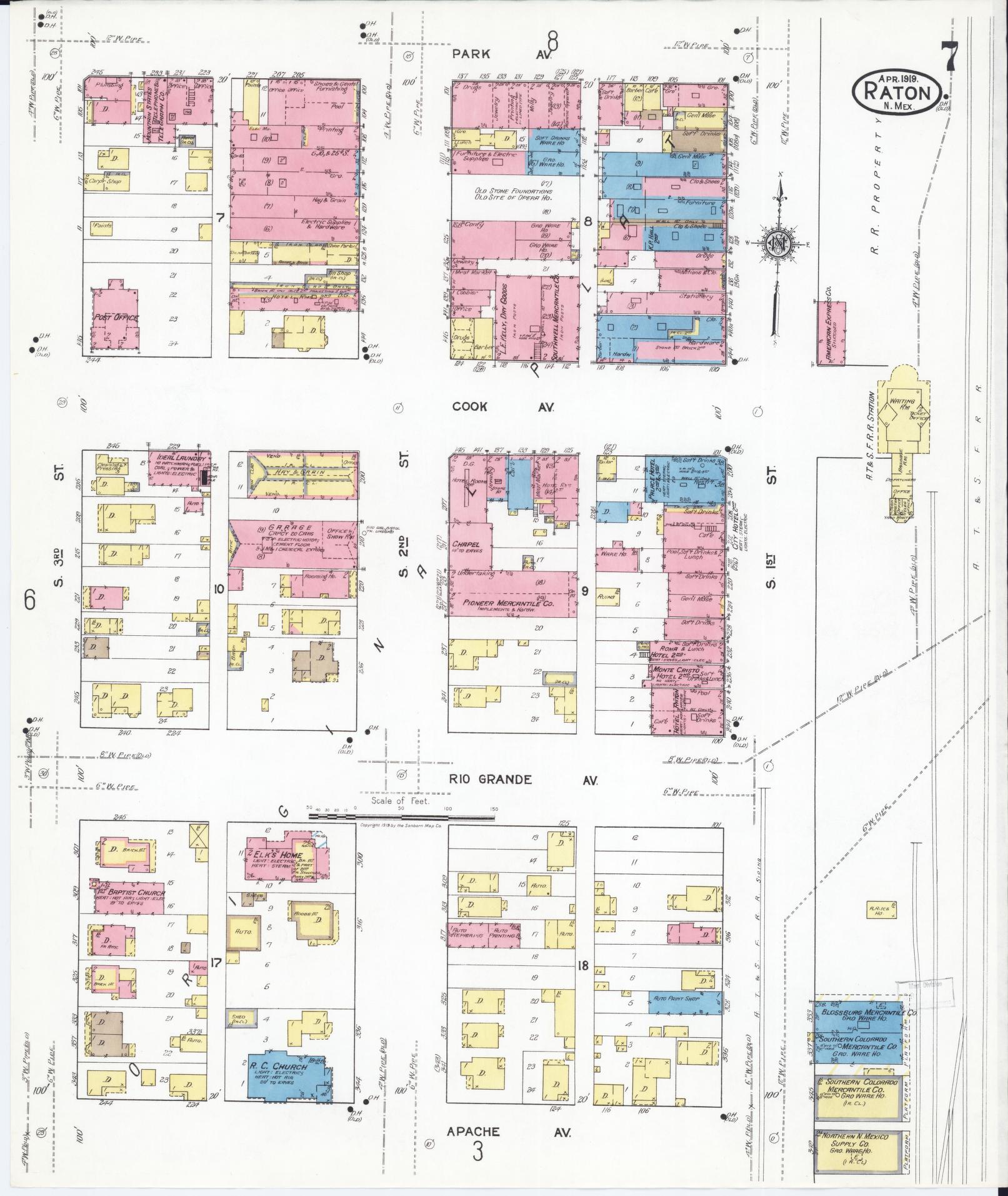 Sanborn Fire Insurance Map from Raton, Colfax County, New Mexico (1919), Sheet #0007 - Historic Sanborn Fire Insurance Map Print, vintage old map wall art, antique decor, genealogy gift, New Mexico New Mexico map
