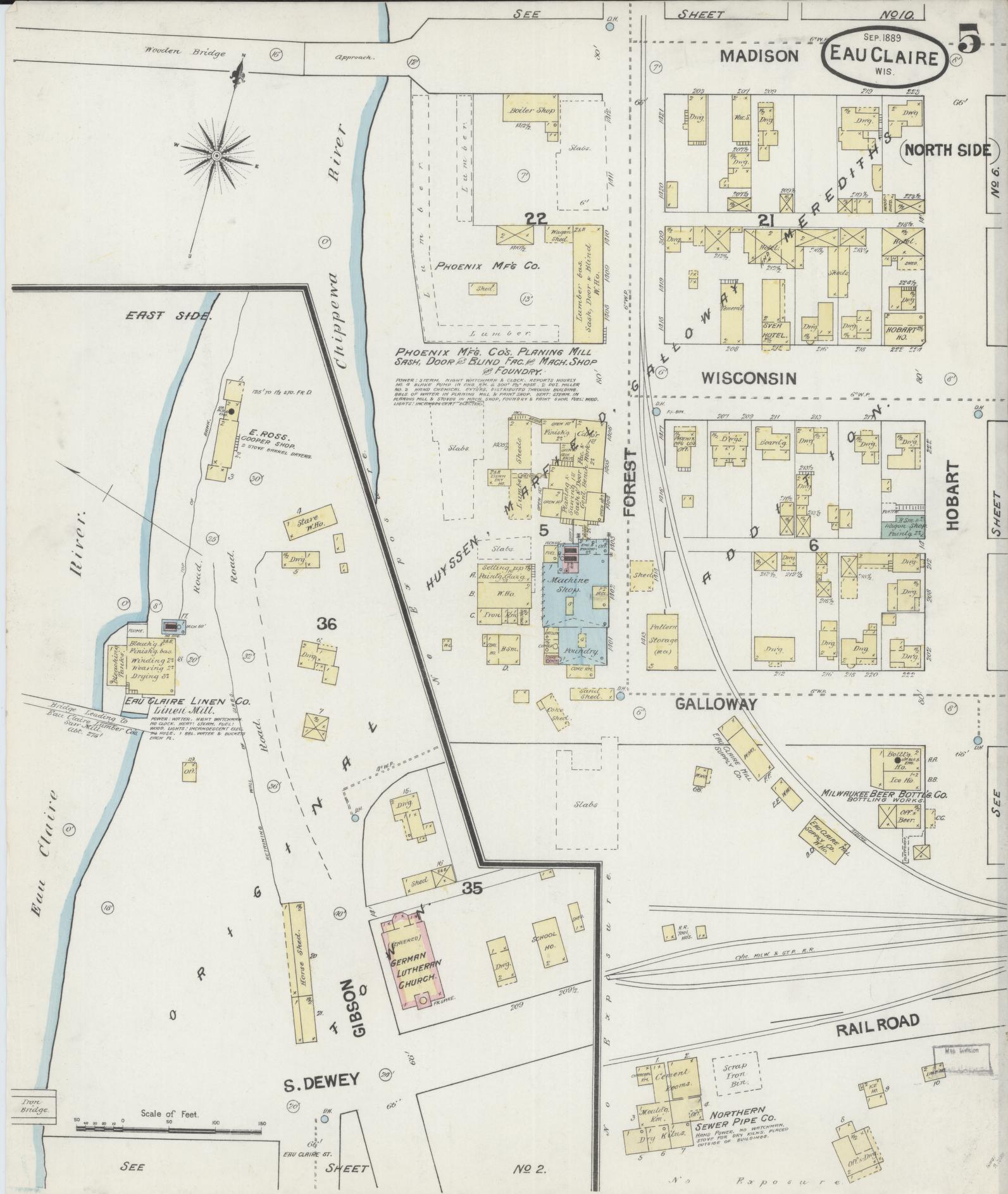Sanborn Fire Insurance Map from Eau Claire, Eau Claire County, Wisconsin (1889), Sheet #0005 - Historic Sanborn Fire Insurance Map Print, vintage old map wall art, antique decor, genealogy gift, Wisconsin Wisconsin map