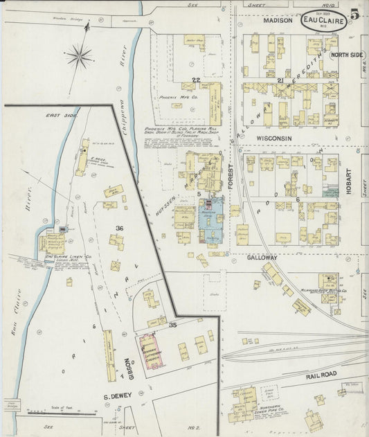 Sanborn Fire Insurance Map from Eau Claire, Eau Claire County, Wisconsin (1889), Sheet #0005 - Historic Sanborn Fire Insurance Map Print, vintage old map wall art, antique decor, genealogy gift, Wisconsin Wisconsin map