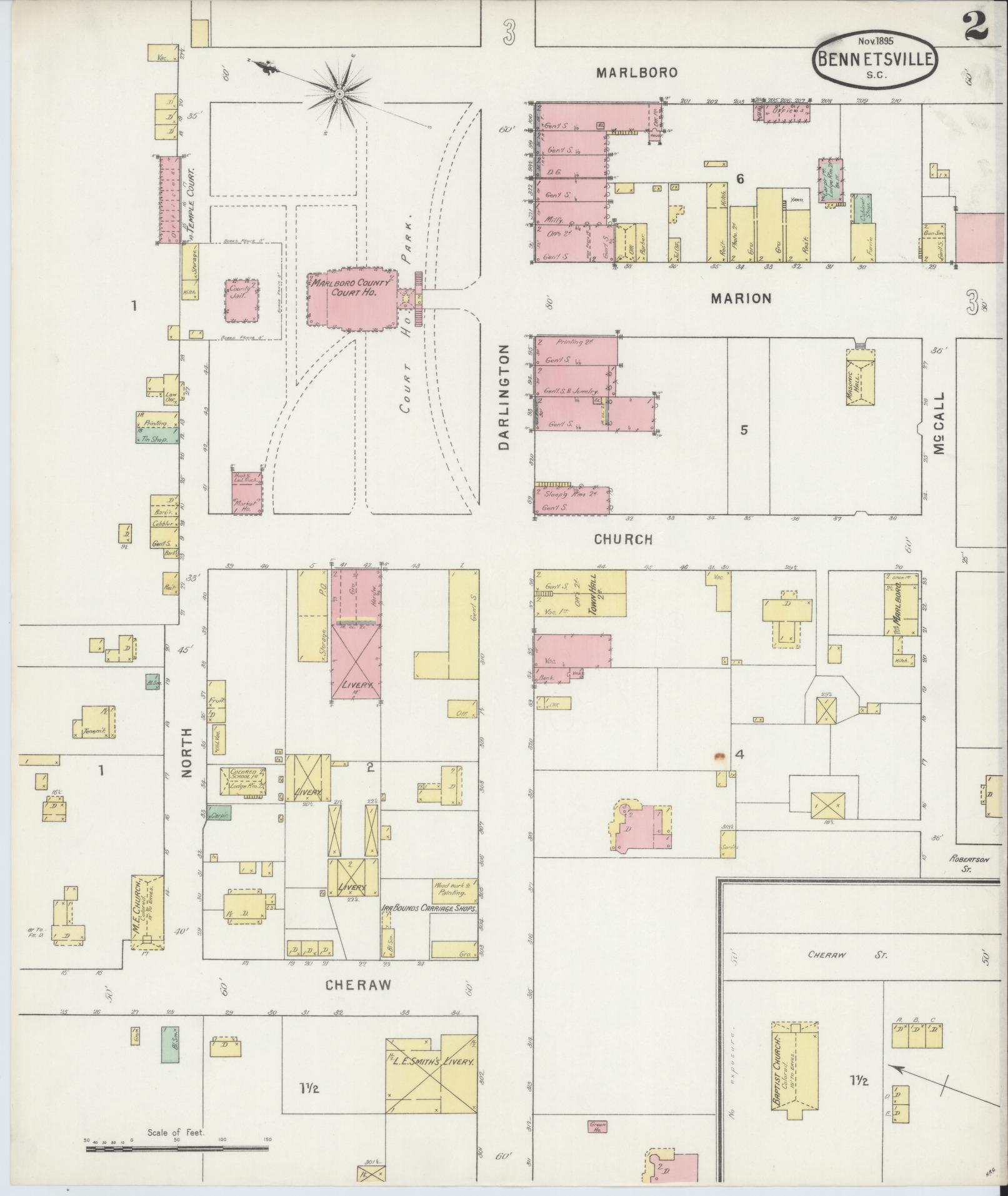 Sanborn Fire Insurance Map from Bennettsville, Marlboro County, South Carolina (1895), Sheet #0002 - Complete Map Set gallery image, historic Sanborn map, vintage wall art, South Carolina South Carolina