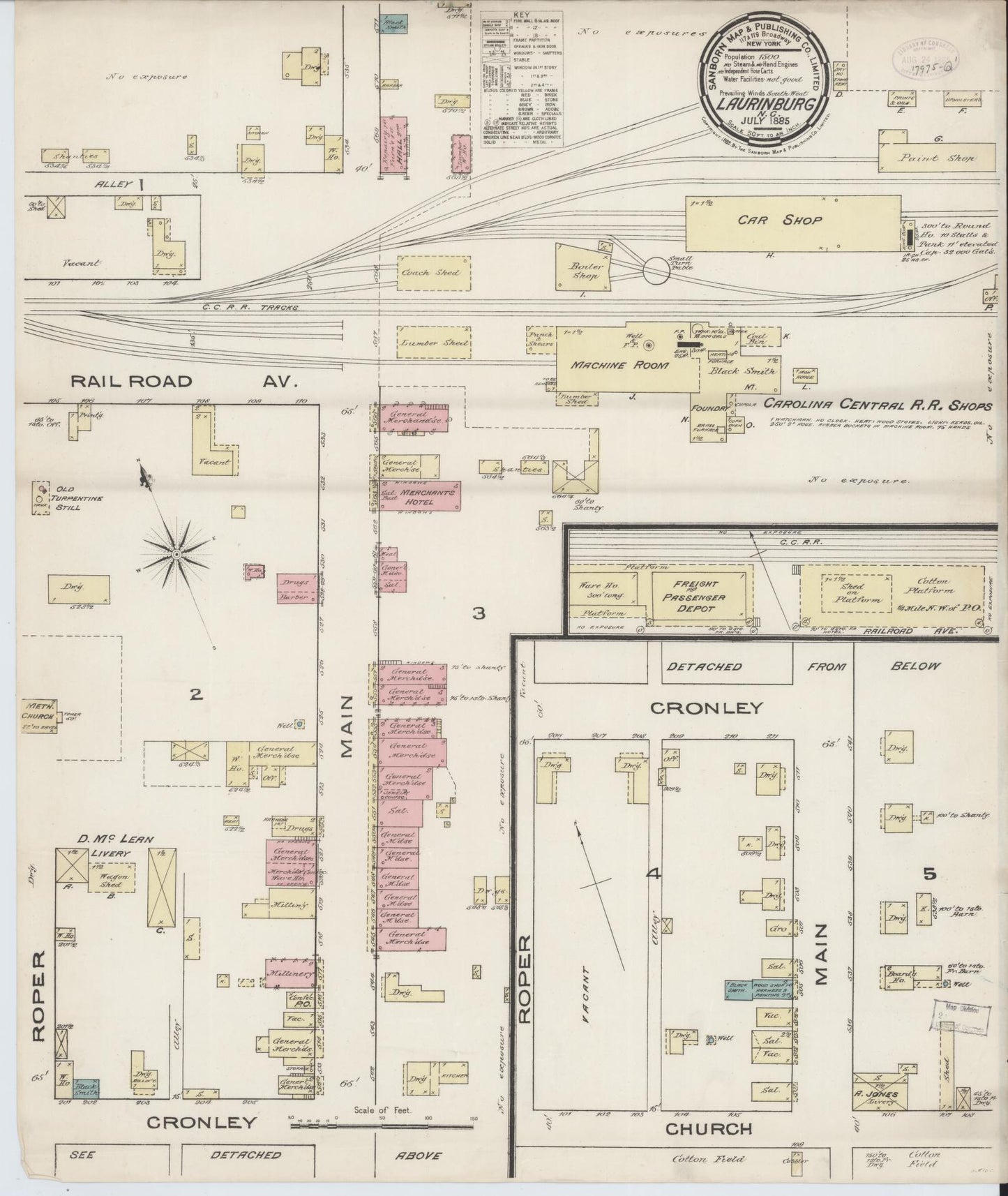 Sanborn Fire Insurance Map from Laurinburg, Scotland County, North Carolina (1885), Sheet #0001 - Historic Sanborn Fire Insurance Map Print, vintage old map wall art, antique decor, genealogy gift, North Carolina North Carolina map