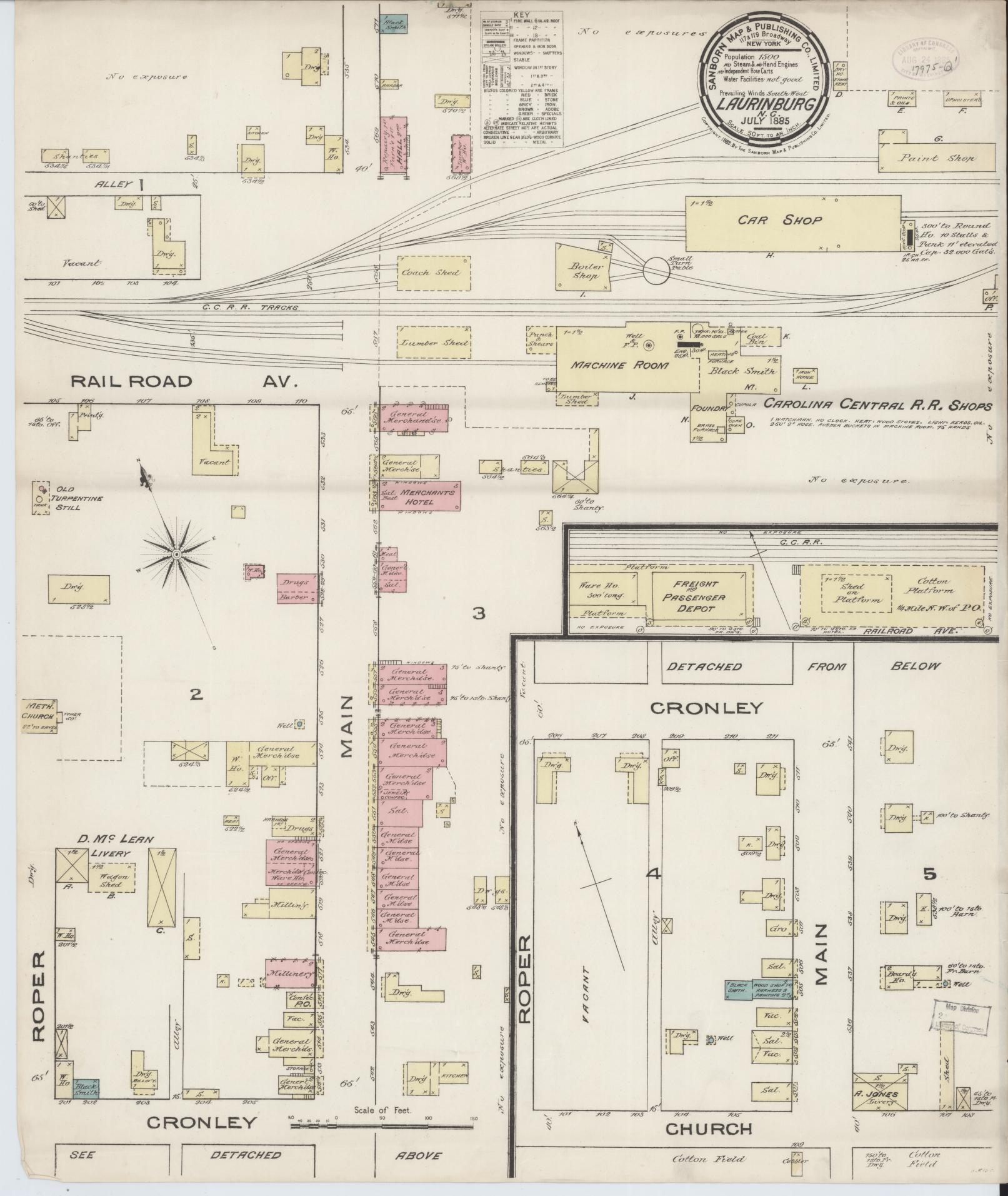Sanborn Fire Insurance Map from Laurinburg, Scotland County, North Carolina (1885), Sheet #0001 - Historic Sanborn Fire Insurance Map Print, vintage old map wall art, antique decor, genealogy gift, North Carolina North Carolina map