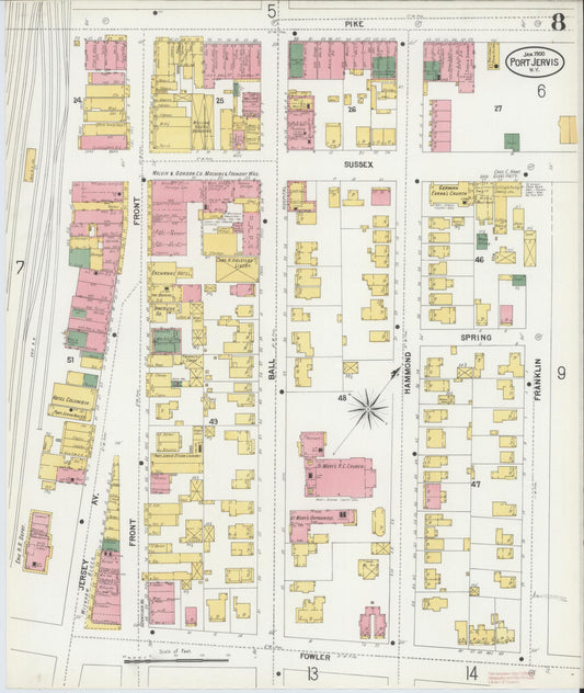 Sanborn Fire Insurance Map from Port Jervis, Orange County, New York (1900), Sheet #0008 - Historic Sanborn Fire Insurance Map Print, vintage old map wall art, antique decor, genealogy gift, New York New York map