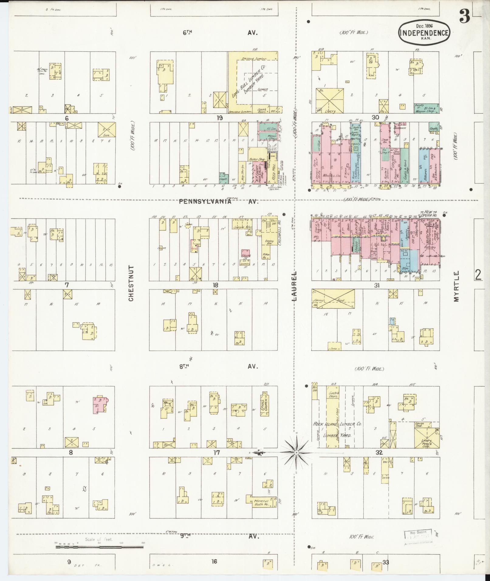 Sanborn Fire Insurance Map from Independence, Montgomery County, Kansas (1896), Sheet #0003 - Complete Map Set gallery image, historic Sanborn map, vintage wall art, Kansas Kansas