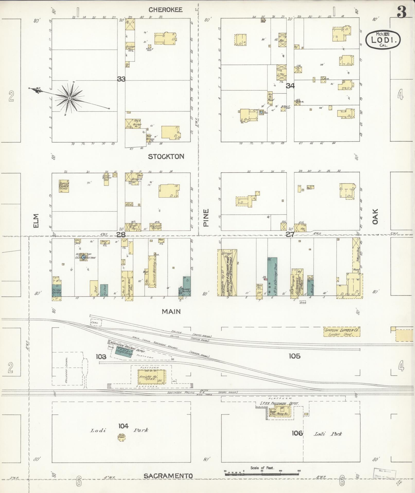 Sanborn Fire Insurance Map from Lodi, San Joaquin County, California (1895), Sheet #0003 - Historic Sanborn Fire Insurance Map Print, vintage old map wall art, antique decor, genealogy gift, California California map