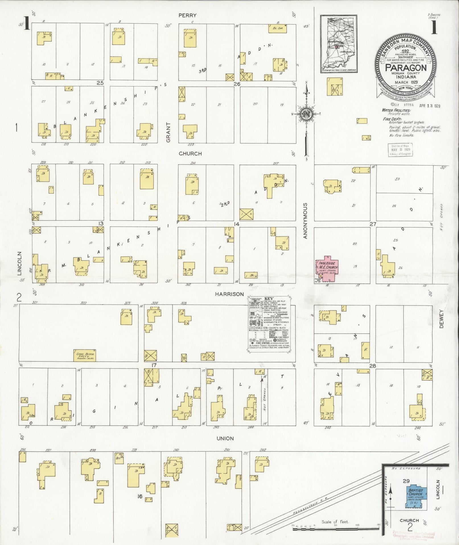 Sanborn Fire Insurance Map from Paragon, Morgan County, Indiana (1929), Sheet #0001 - Historic Sanborn Fire Insurance Map Print, vintage old map wall art, antique decor, genealogy gift, Indiana Indiana map