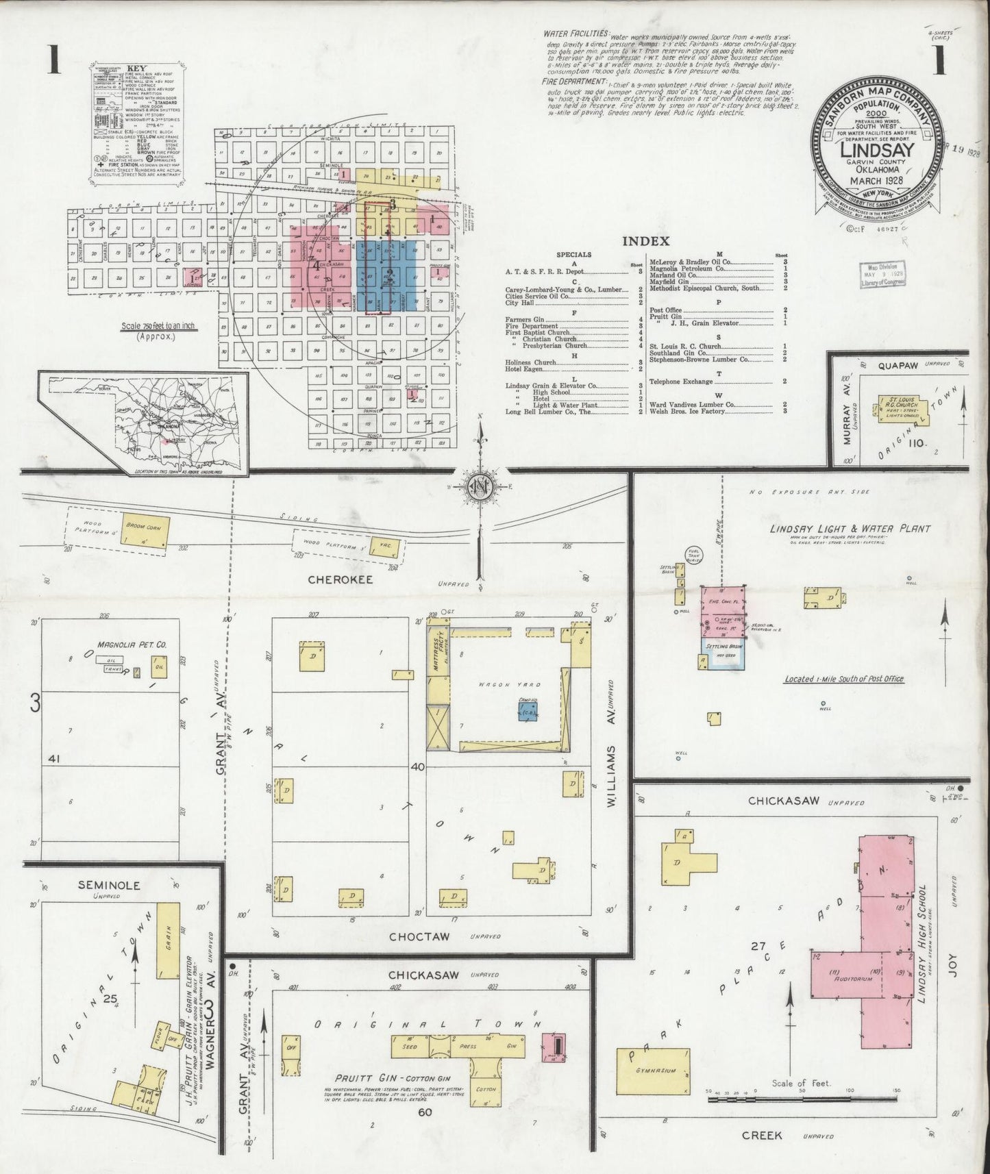 Sanborn Fire Insurance Map from Lindsay, Garvin County, Oklahoma (1928), Sheet #0001 - Historic Sanborn Fire Insurance Map Print, vintage old map wall art, antique decor, genealogy gift, Oklahoma Oklahoma map