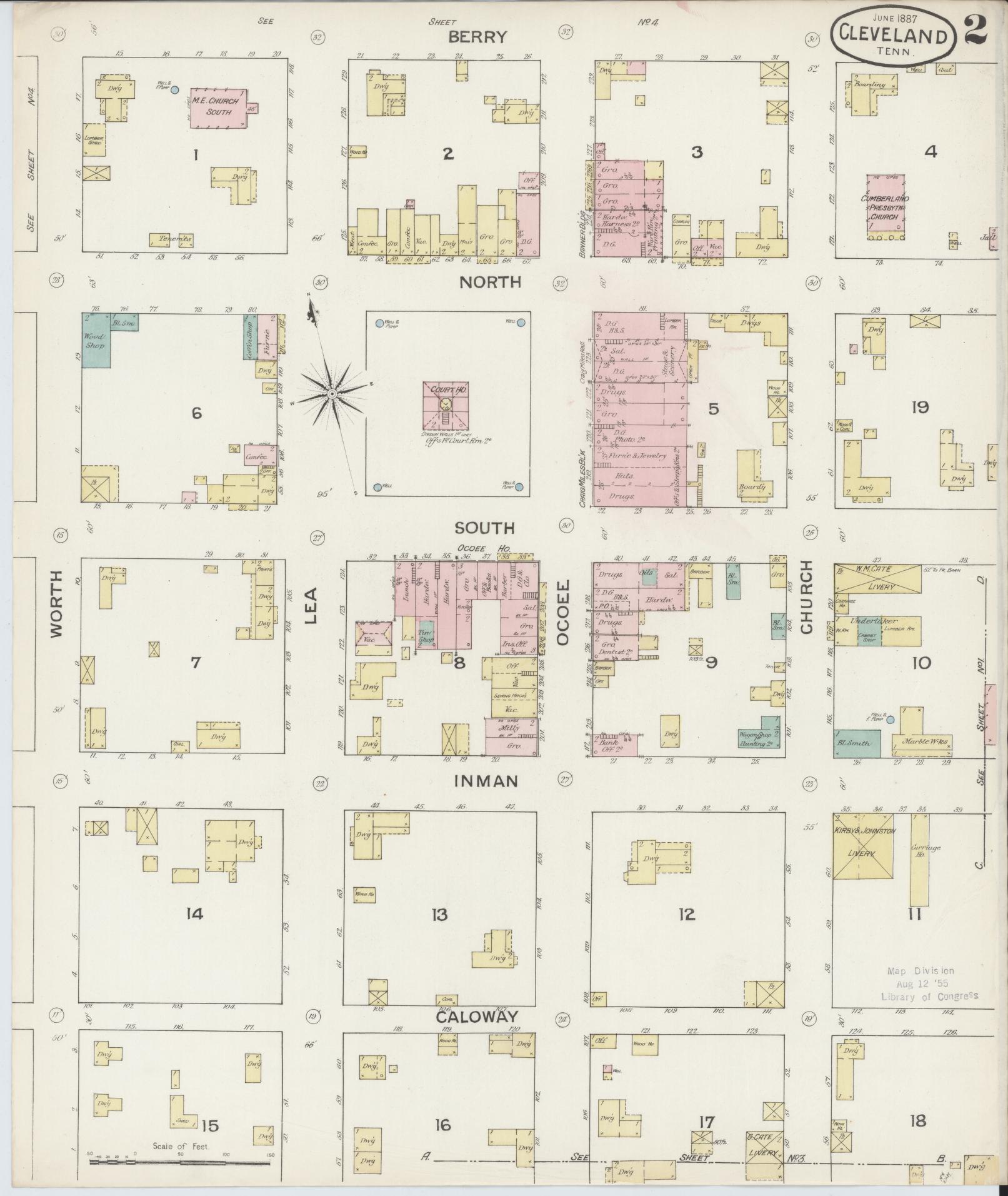 Sanborn Fire Insurance Map from Cleveland, Bradley County, Tennessee (1887), Sheet #0002 - Complete Map Set gallery image, historic Sanborn map, vintage wall art, Tennessee Tennessee