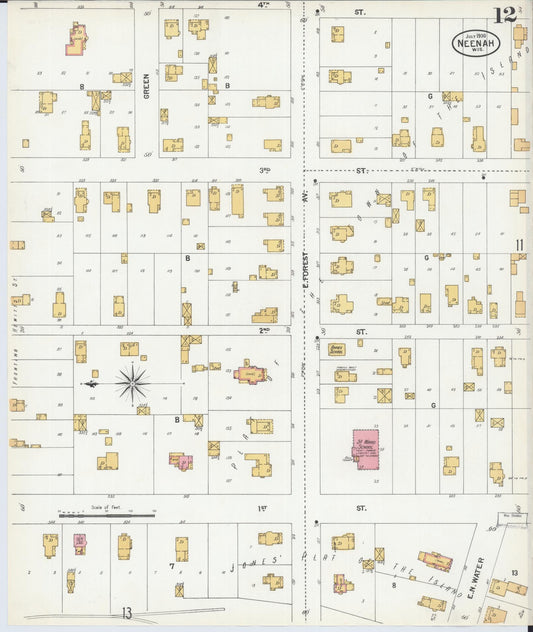Sanborn Fire Insurance Map from Neenah, Winnebago County, Wisconsin (1900), Sheet #0012 - Historic Sanborn Fire Insurance Map Print, vintage old map wall art, antique decor, genealogy gift, Wisconsin Wisconsin map