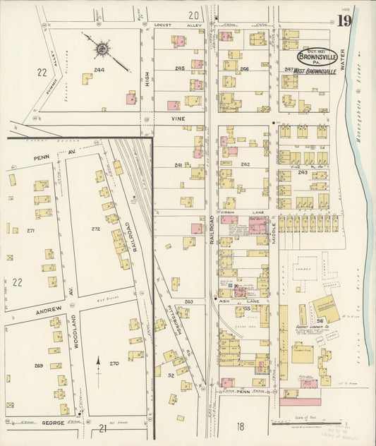 Sanborn Fire Insurance Map from Brownsville, Fayette County, Pennsylvania (1921), Sheet #0019 - Historic Sanborn Fire Insurance Map Print, vintage old map wall art, antique decor, genealogy gift, Pennsylvania Pennsylvania map