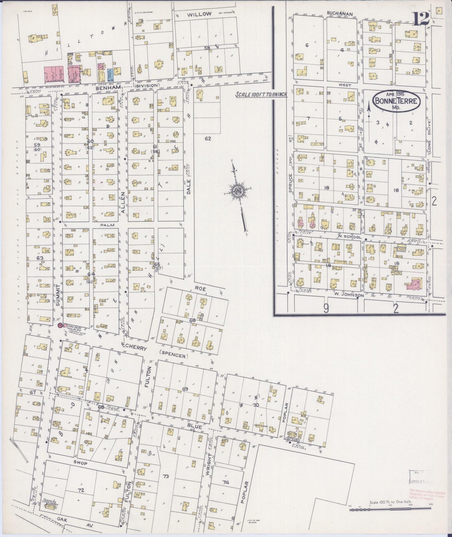 Sanborn Fire Insurance Map from Bonne Terre, Saint Francois County, Missouri (1915), Sheet #0012 - Complete Map Set gallery image, historic Sanborn map, vintage wall art, Missouri Missouri