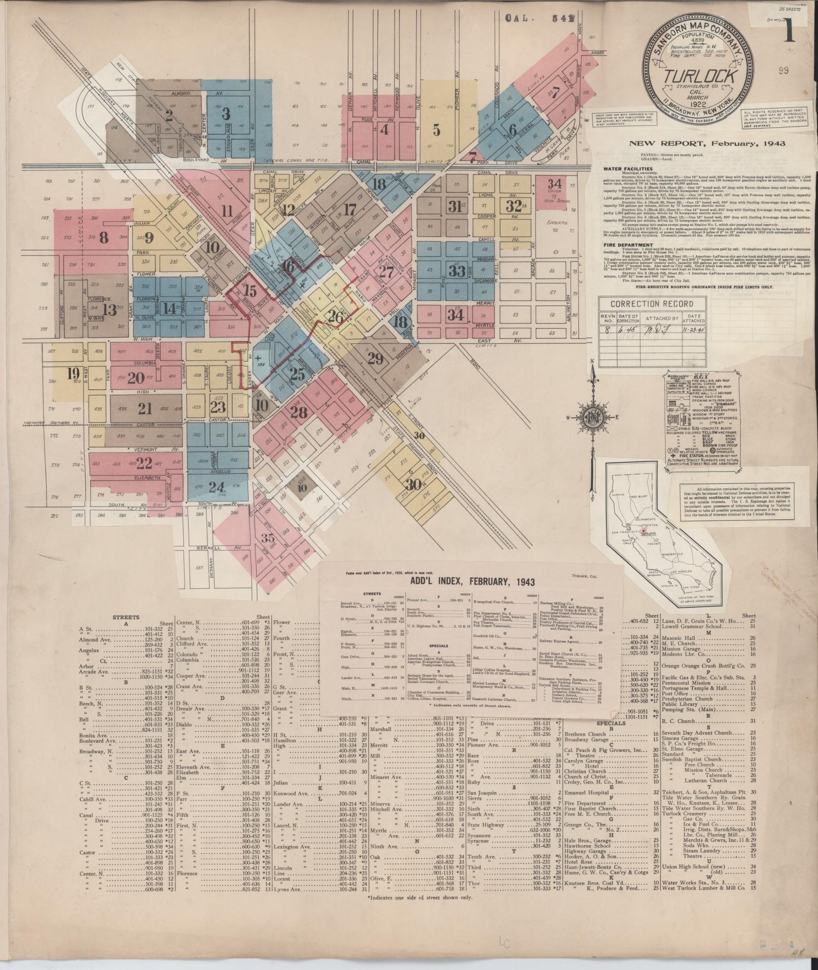 Sanborn Fire Insurance Map from Turlock, Stanislaus County, California (1943), Sheet #0001 - Complete Map Set gallery image, historic Sanborn map, vintage wall art, California California