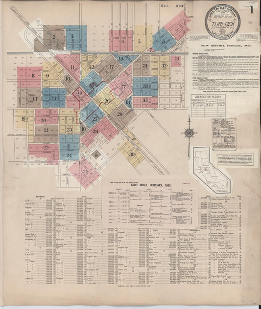 Sanborn Fire Insurance Map from Turlock, Stanislaus County, California (1943), Sheet #0001 - Complete Map Set gallery image, historic Sanborn map, vintage wall art, California California