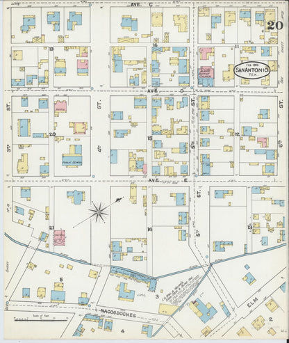 Sanborn Fire Insurance Map from San Antonio, Bexar County, Texas (1892), Sheet #0020 - Historic Sanborn Fire Insurance Map Print, vintage old map wall art, antique decor, genealogy gift, Texas Texas map