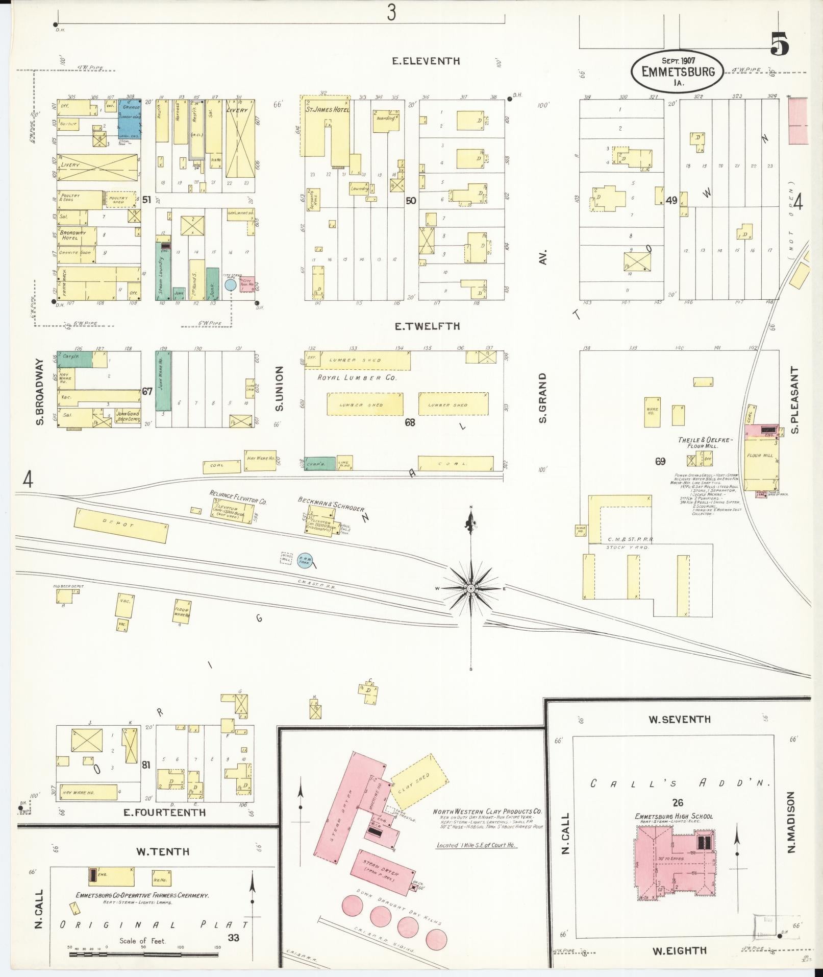 Sanborn Fire Insurance Map from Emmetsburg, Palo Alto County, Iowa (1907), Sheet #0005 - Historic Sanborn Fire Insurance Map Print, vintage old map wall art