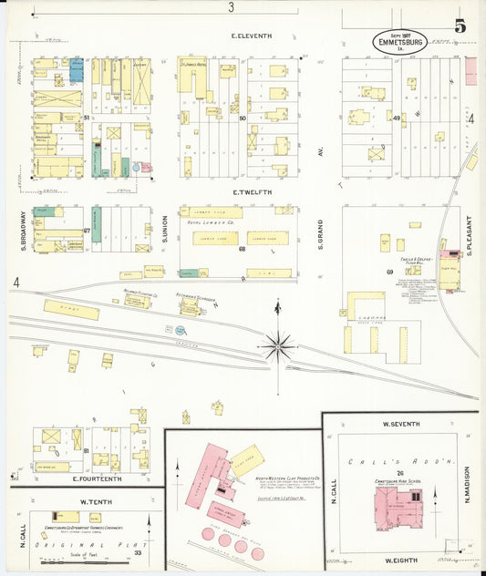 Sanborn Fire Insurance Map from Emmetsburg, Palo Alto County, Iowa (1907), Sheet #0005 - Historic Sanborn Fire Insurance Map Print, vintage old map wall art