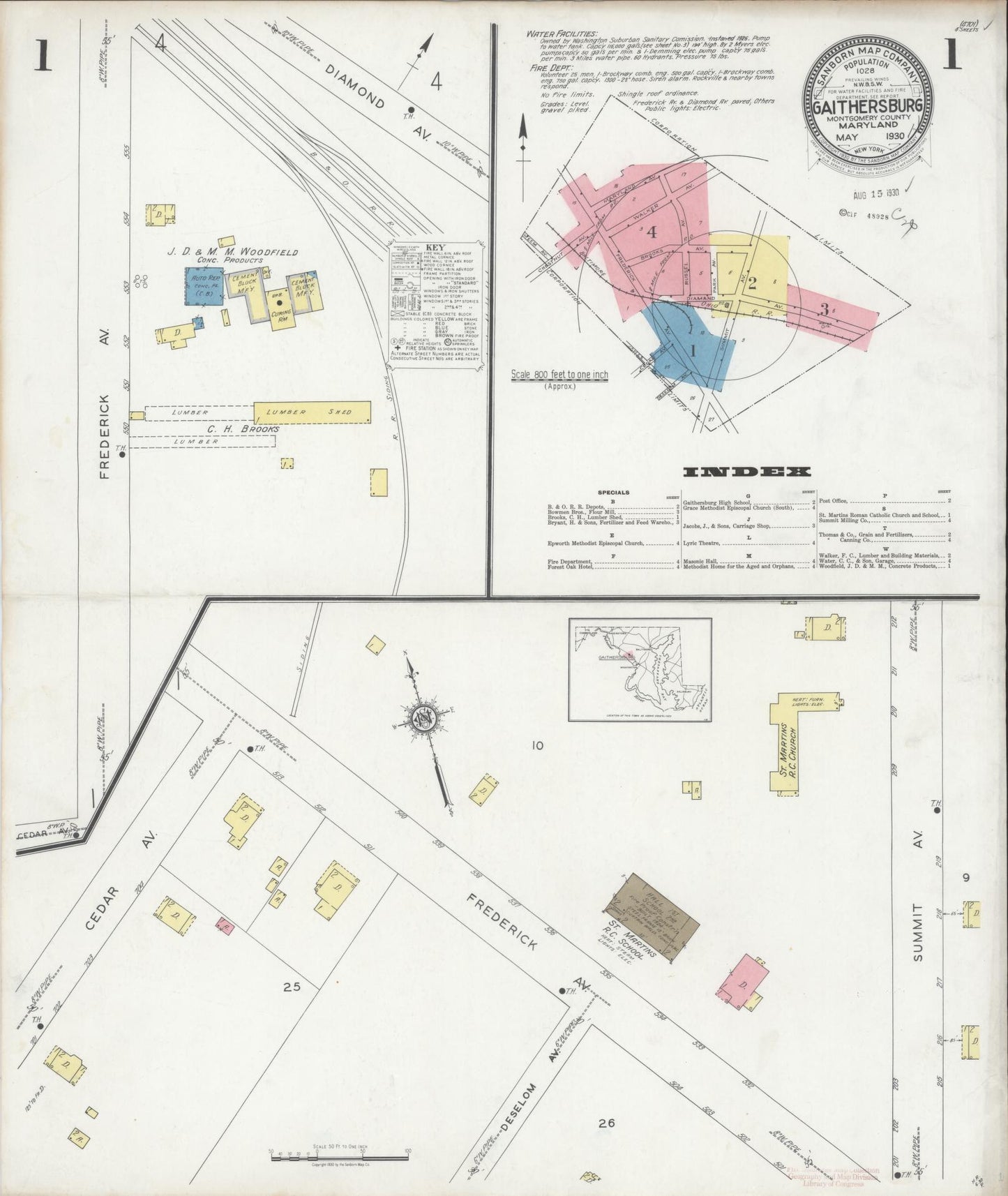 Sanborn Fire Insurance Map from Gaithersburg, Montgomery County, Maryland (1930), Sheet #0001 - Historic Sanborn Fire Insurance Map Print, vintage old map wall art, antique decor, genealogy gift, Maryland Maryland map