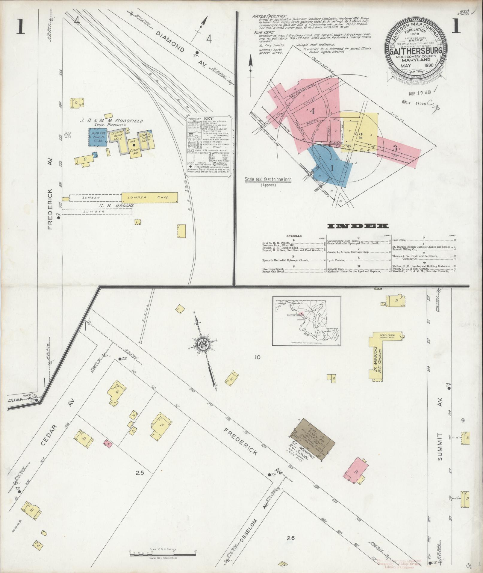 Sanborn Fire Insurance Map from Gaithersburg, Montgomery County, Maryland (1930), Sheet #0001 - Historic Sanborn Fire Insurance Map Print, vintage old map wall art, antique decor, genealogy gift, Maryland Maryland map