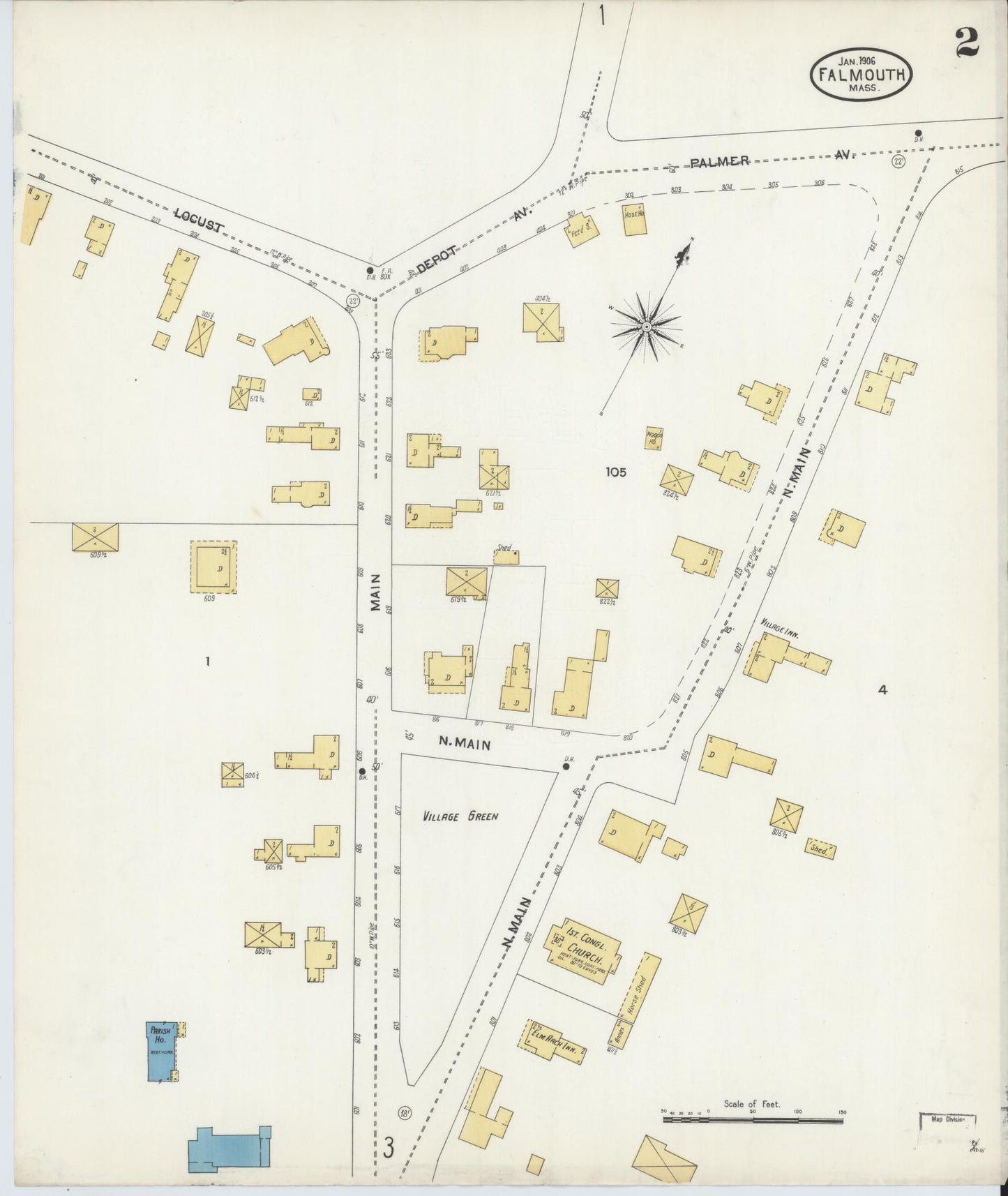 Sanborn Fire Insurance Map from Falmouth, Barnstable County, Massachusetts (1906), Sheet #0002 - Historic Sanborn Fire Insurance Map Print, vintage old map wall art, antique decor, genealogy gift, Massachusetts Massachusetts map