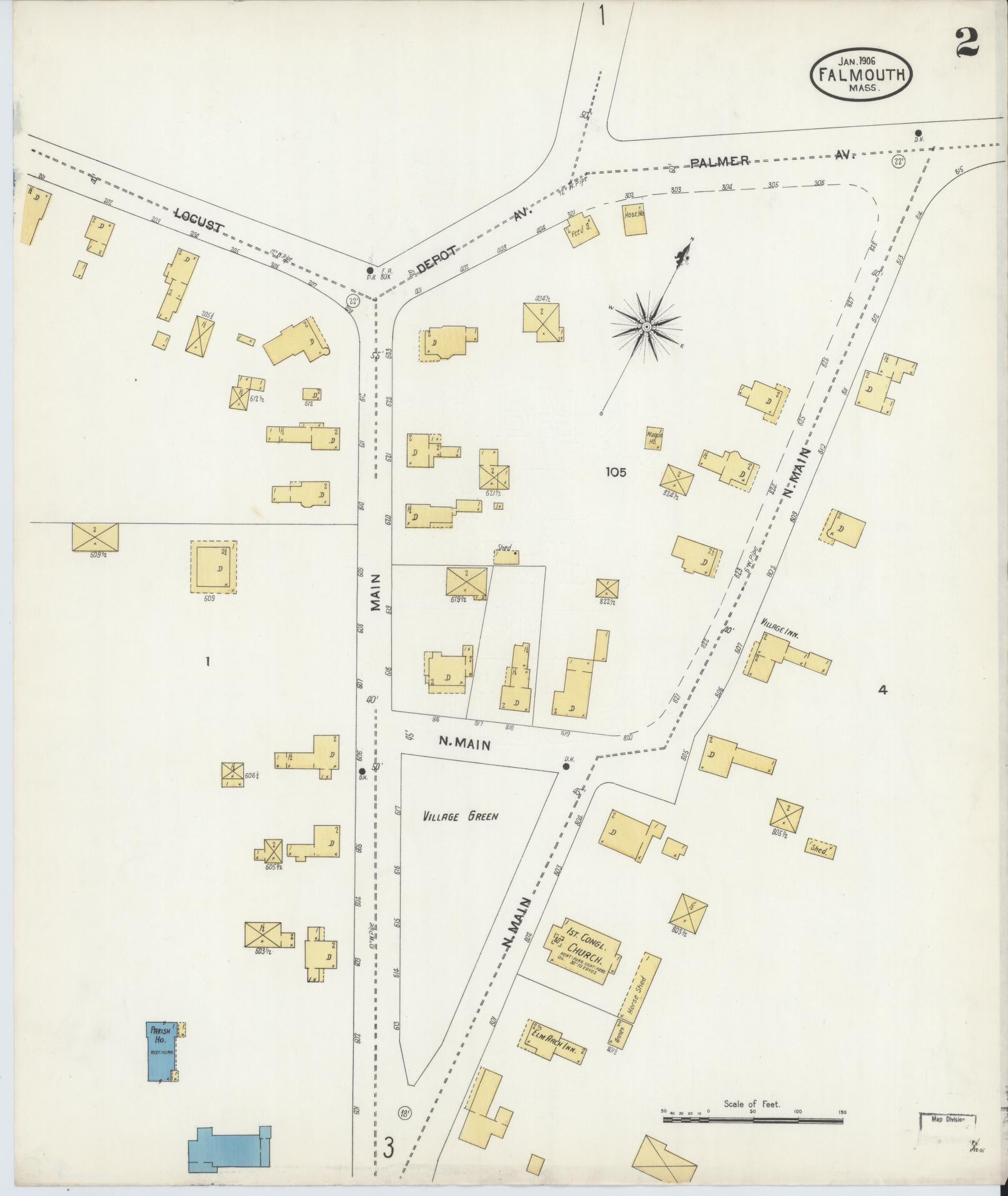 Sanborn Fire Insurance Map from Falmouth, Barnstable County, Massachusetts (1906), Sheet #0002 - Historic Sanborn Fire Insurance Map Print, vintage old map wall art, antique decor, genealogy gift, Massachusetts Massachusetts map