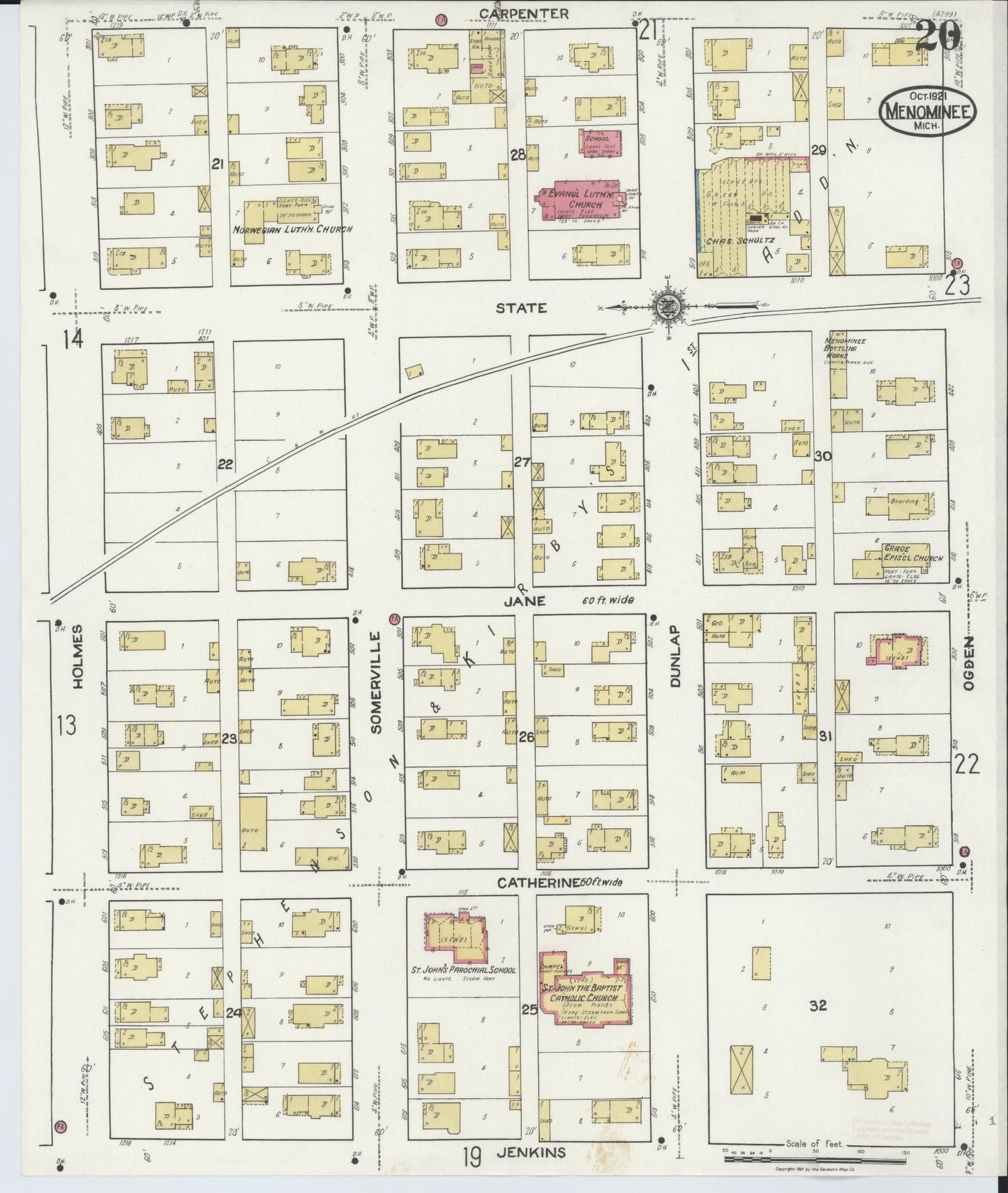 Sanborn Fire Insurance Map from Menominee, Menominee County, Michigan (1921), Sheet #0020 - Complete Map Set gallery image, historic Sanborn map, vintage wall art, Michigan Michigan