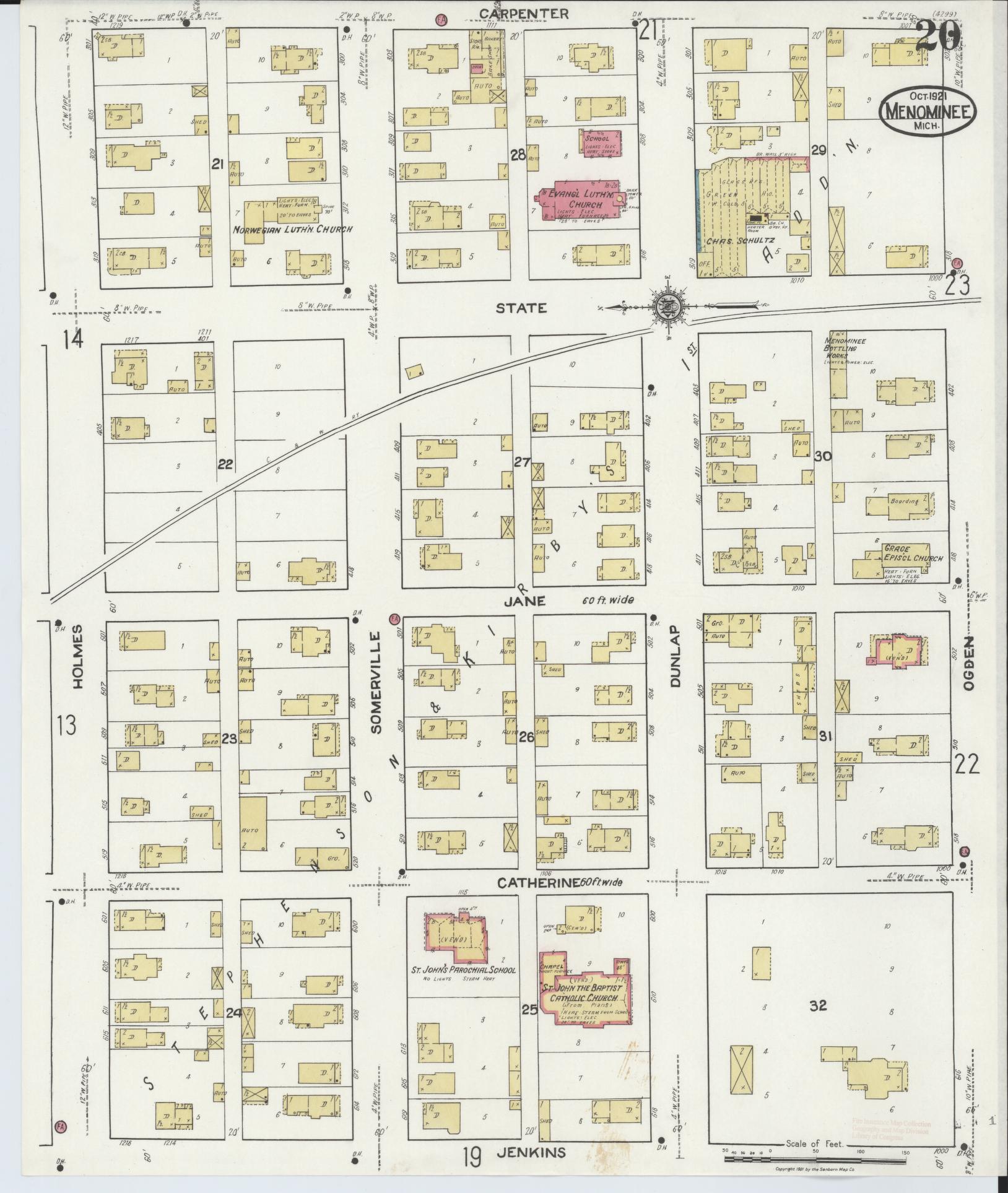 Sanborn Fire Insurance Map from Menominee, Menominee County, Michigan (1921), Sheet #0020 - Complete Map Set gallery image, historic Sanborn map, vintage wall art, Michigan Michigan