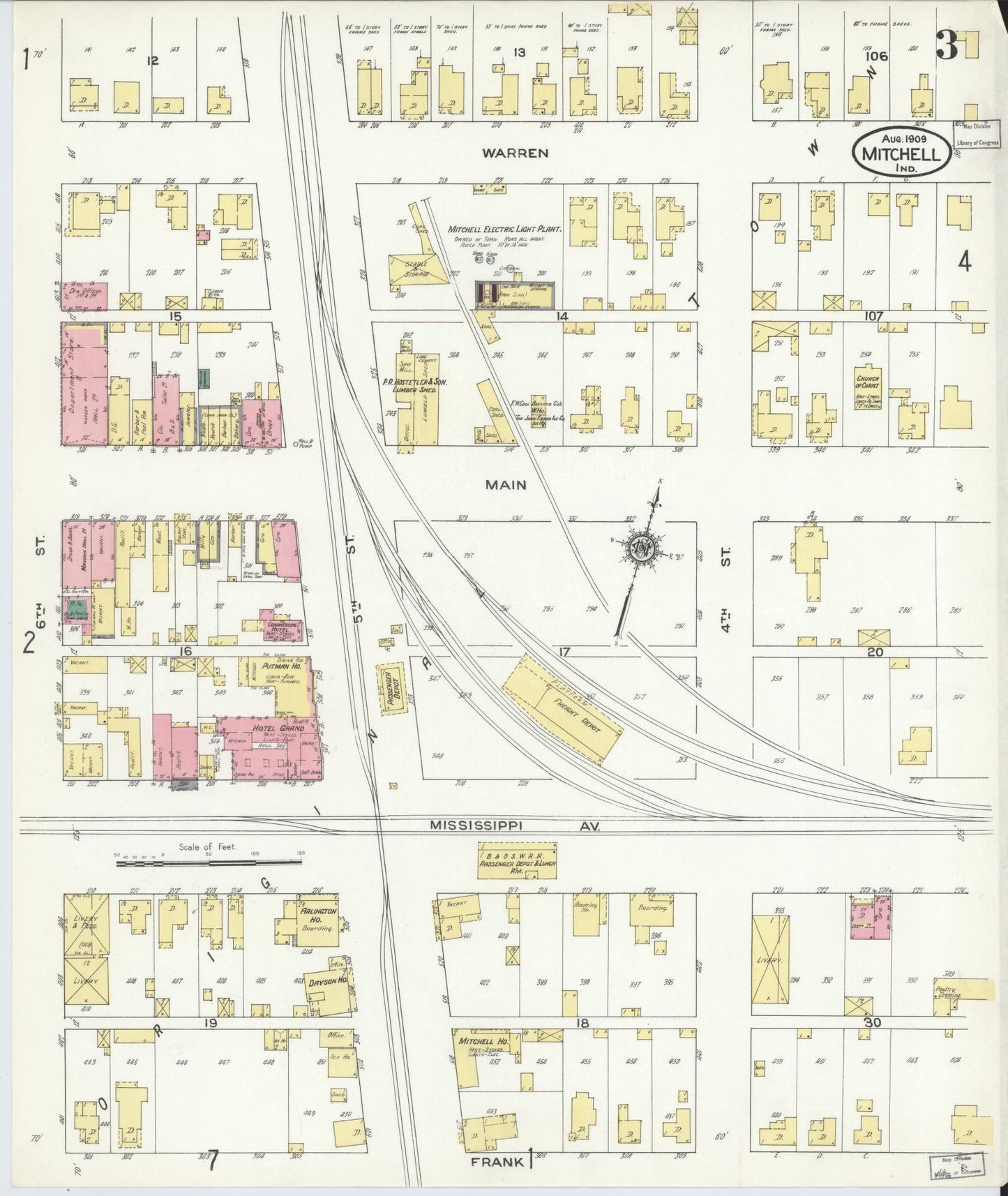 Sanborn Fire Insurance Map from Mitchell, Lawrence County, Indiana (1909), Sheet #0003 - Complete Map Set gallery image, historic Sanborn map, vintage wall art, Indiana Indiana