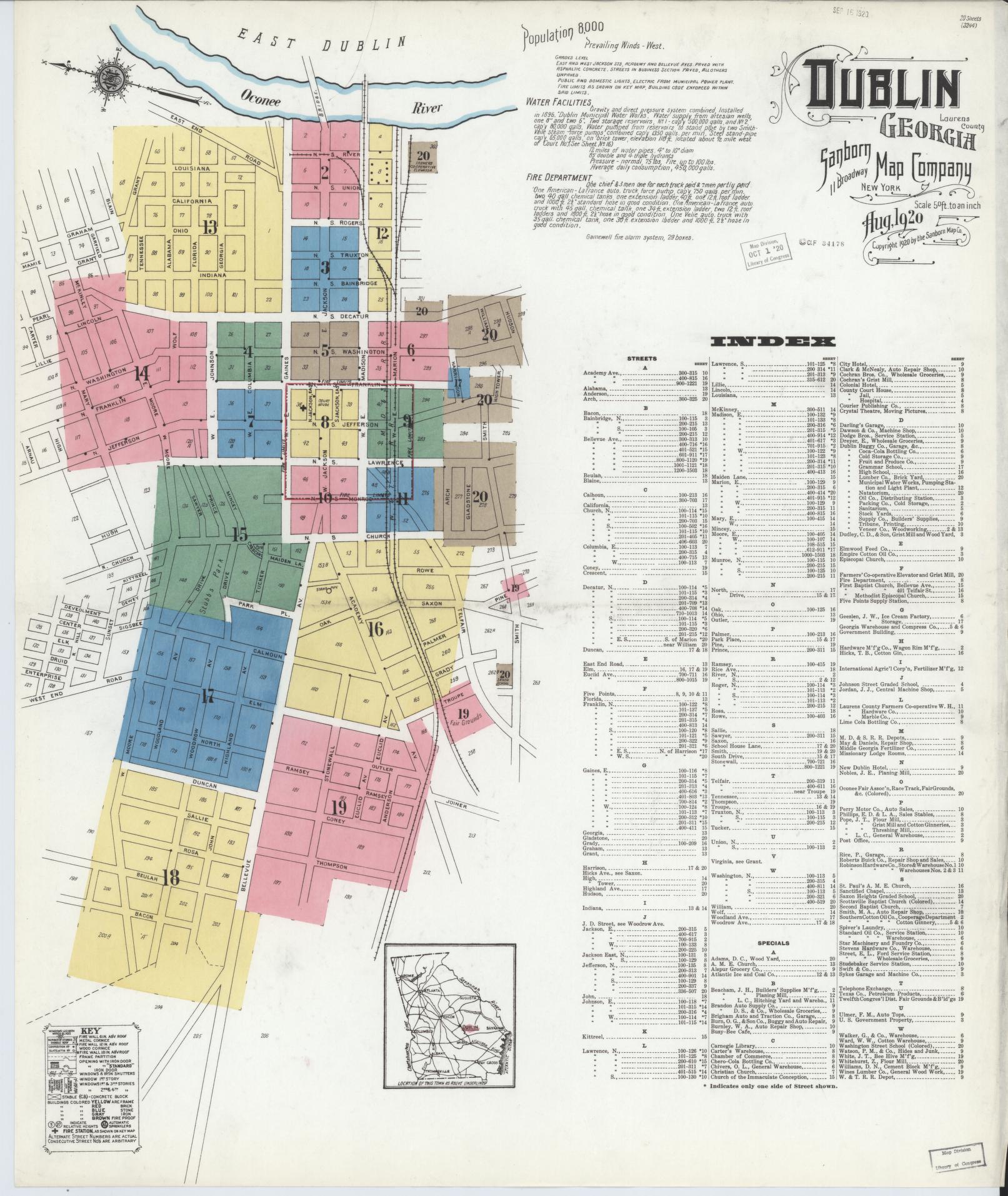 Sanborn Fire Insurance Map from Dublin, Laurens County, Georgia (1920), Sheet #0001 - Complete Map Set gallery image, historic Sanborn map, vintage wall art, Georgia Georgia