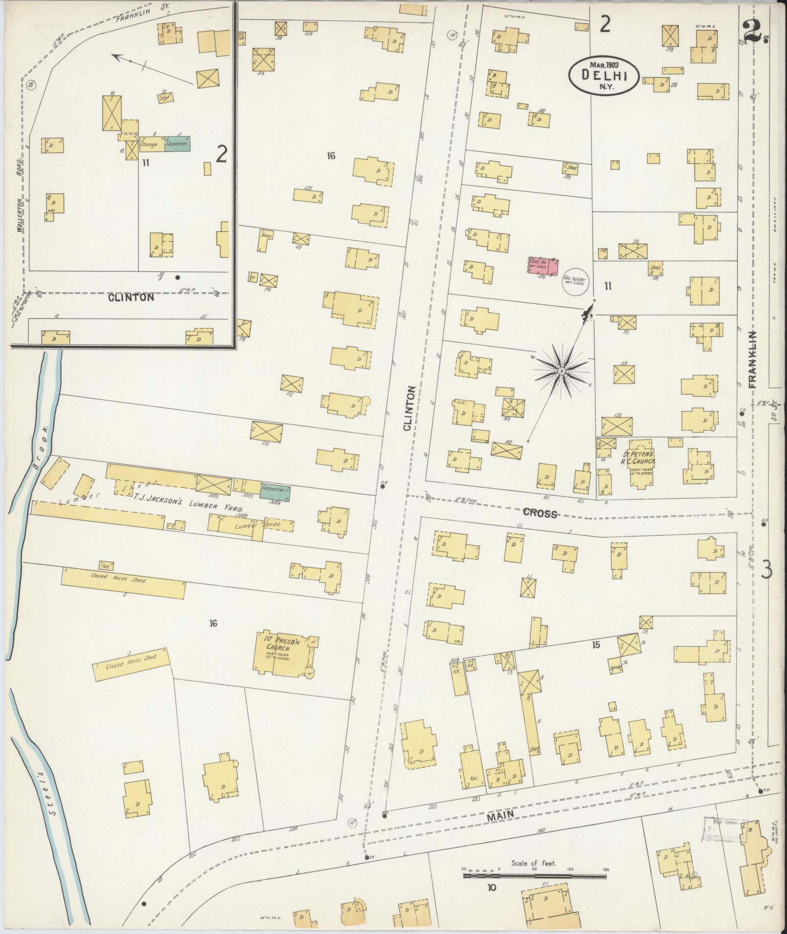 Sanborn Fire Insurance Map from Delhi, Delaware County, New York (1903), Sheet #0002 - Historic Sanborn Fire Insurance Map Print, vintage old map wall art, antique decor, genealogy gift, Delhi Delaware map