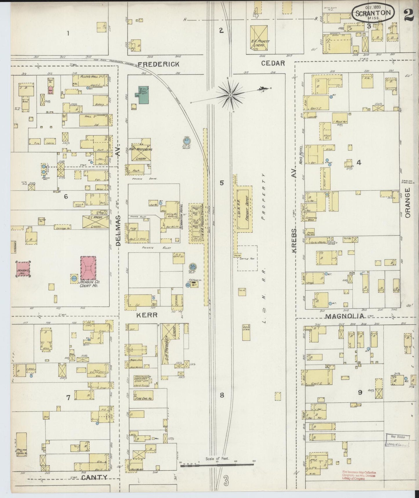 Sanborn Fire Insurance Map from Scranton, Jackson County, Mississippi (1893), Sheet #0002 - Complete Map Set gallery image, historic Sanborn map, vintage wall art, Mississippi Mississippi