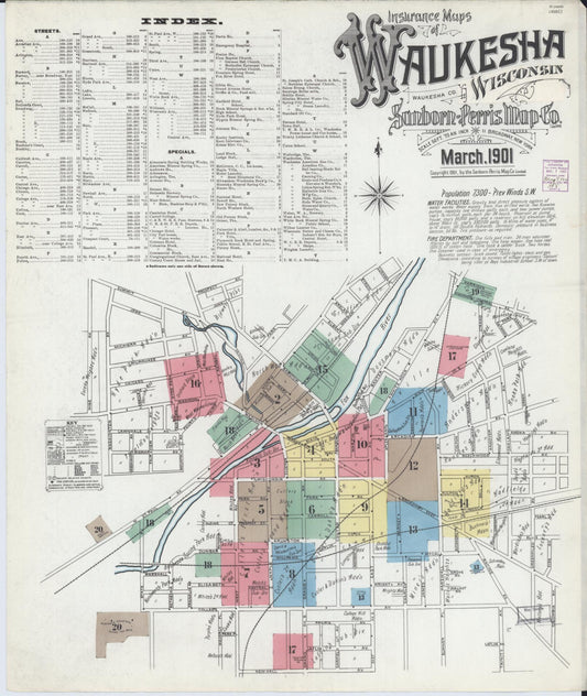 Sanborn Fire Insurance Map from Waukesha, Waukesha County, Wisconsin (1901), Sheet #0001 - Complete Map Set gallery image, historic Sanborn map, vintage wall art, Wisconsin Wisconsin