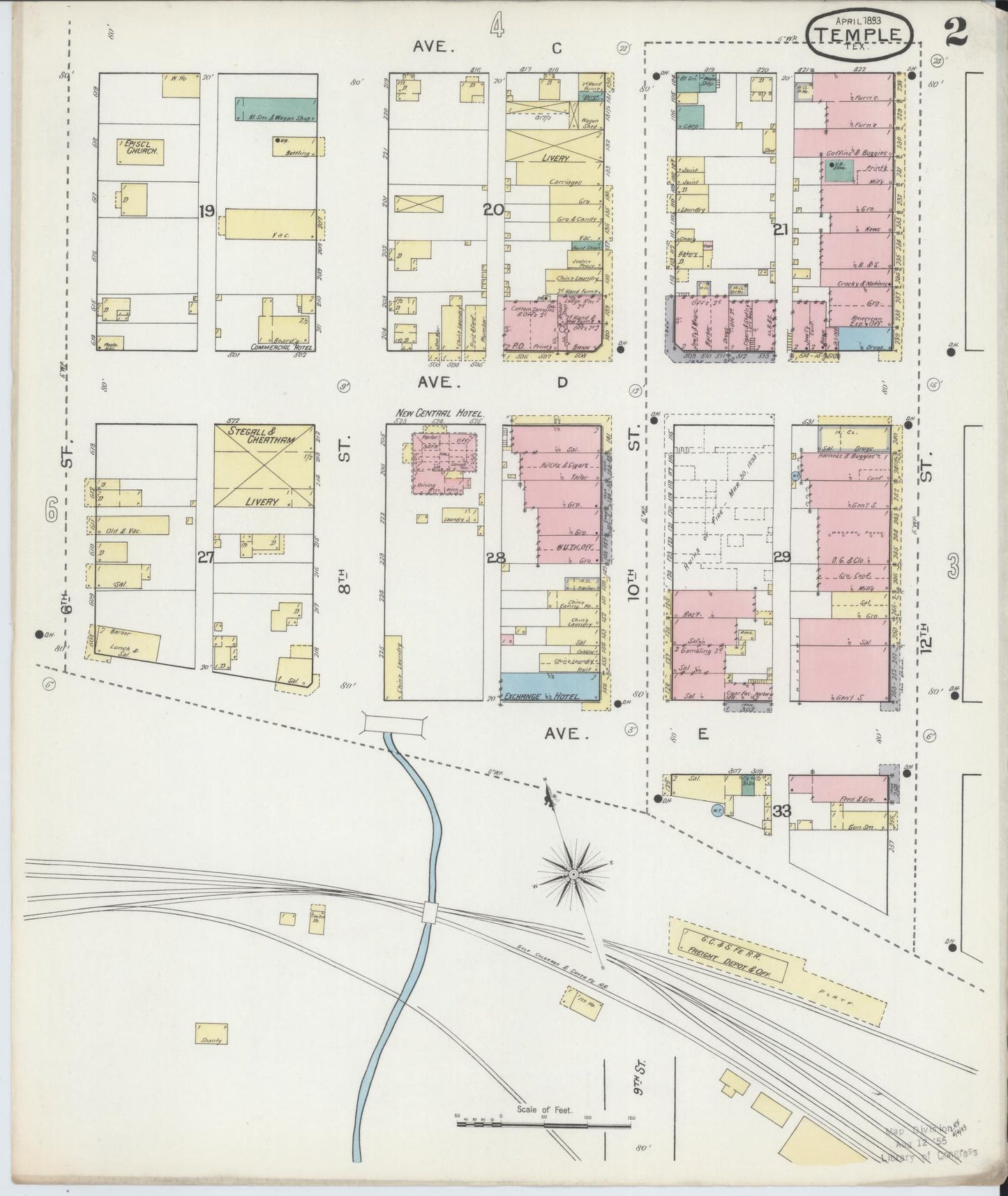 Sanborn Fire Insurance Map from Temple, Bell County, Texas (1893), Sheet #0002 - Historic Sanborn Fire Insurance Map Print, vintage old map wall art, antique decor, genealogy gift, Texas Texas map