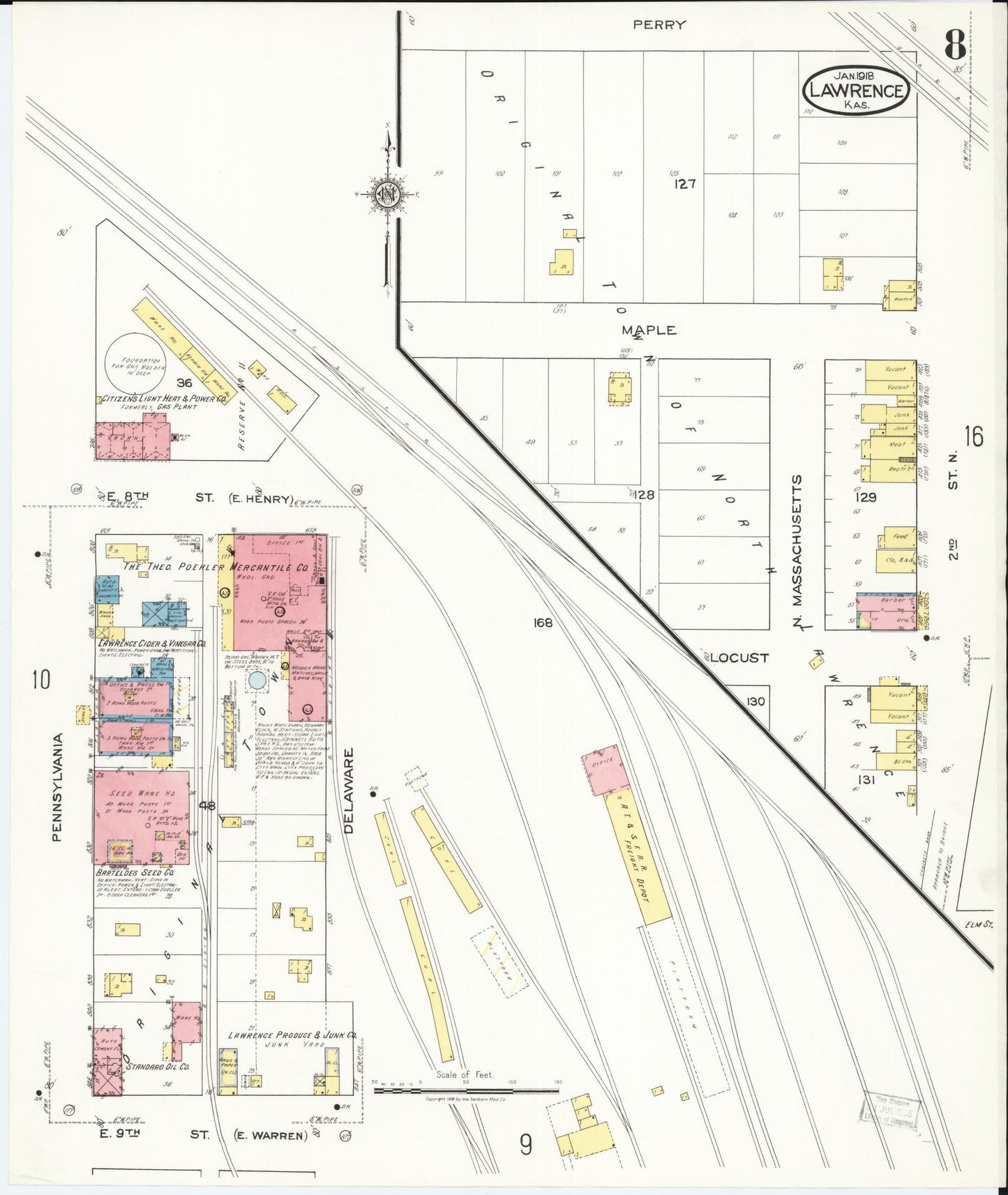 Sanborn Fire Insurance Map from Lawrence, Douglas County, Kansas (1918), Sheet #0008 - Complete Map Set gallery image, historic Sanborn map, vintage wall art, Kansas Kansas