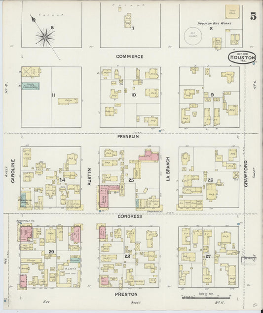 Sanborn Fire Insurance Map from Houston, Harris County, Texas (1890), Sheet #0005 - Historic Sanborn Fire Insurance Map Print, vintage old map wall art, antique decor, genealogy gift, Texas Texas map